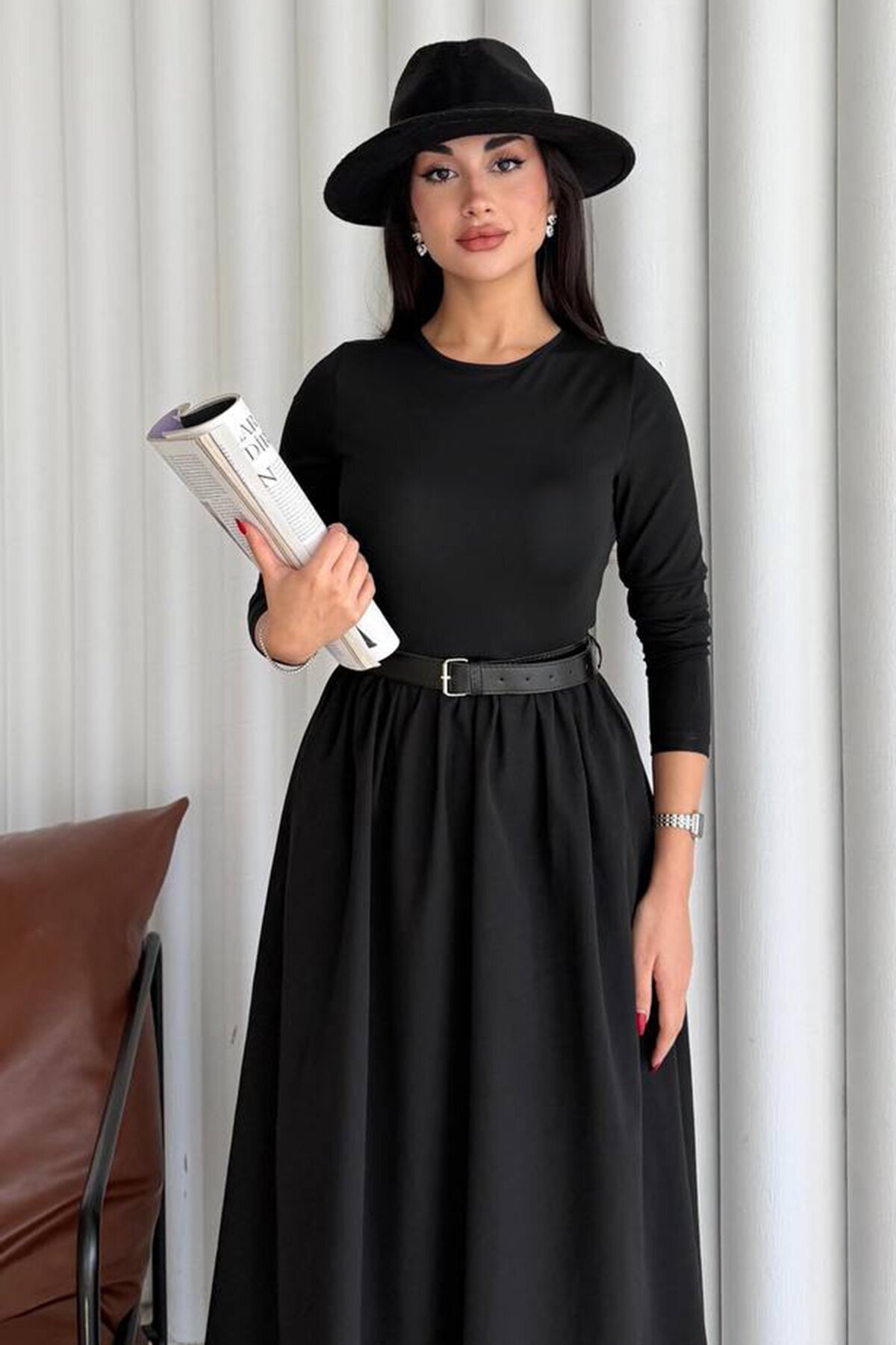 Bisiklet Yaka Pileli Kemerli Maxi Boy Elbise