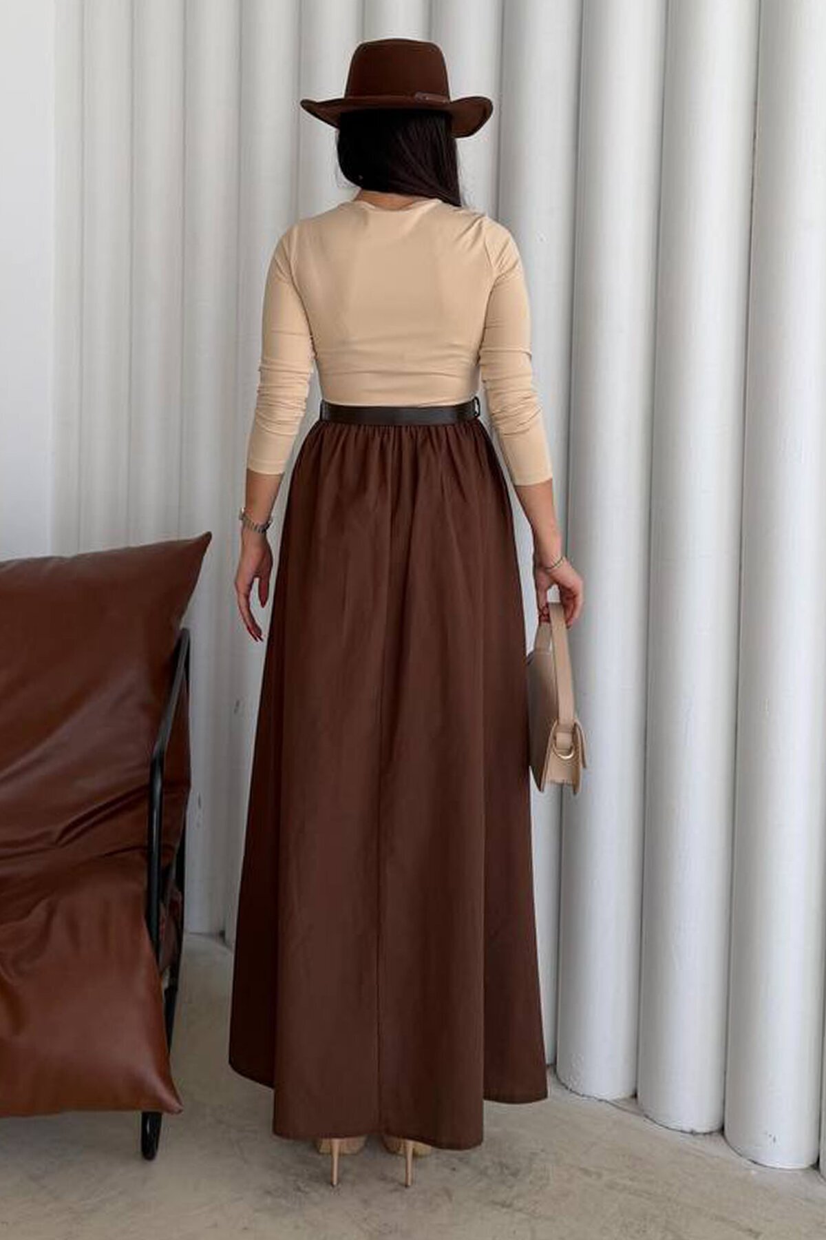 Bisiklet Yaka Pileli Kemerli Maxi Boy Elbise