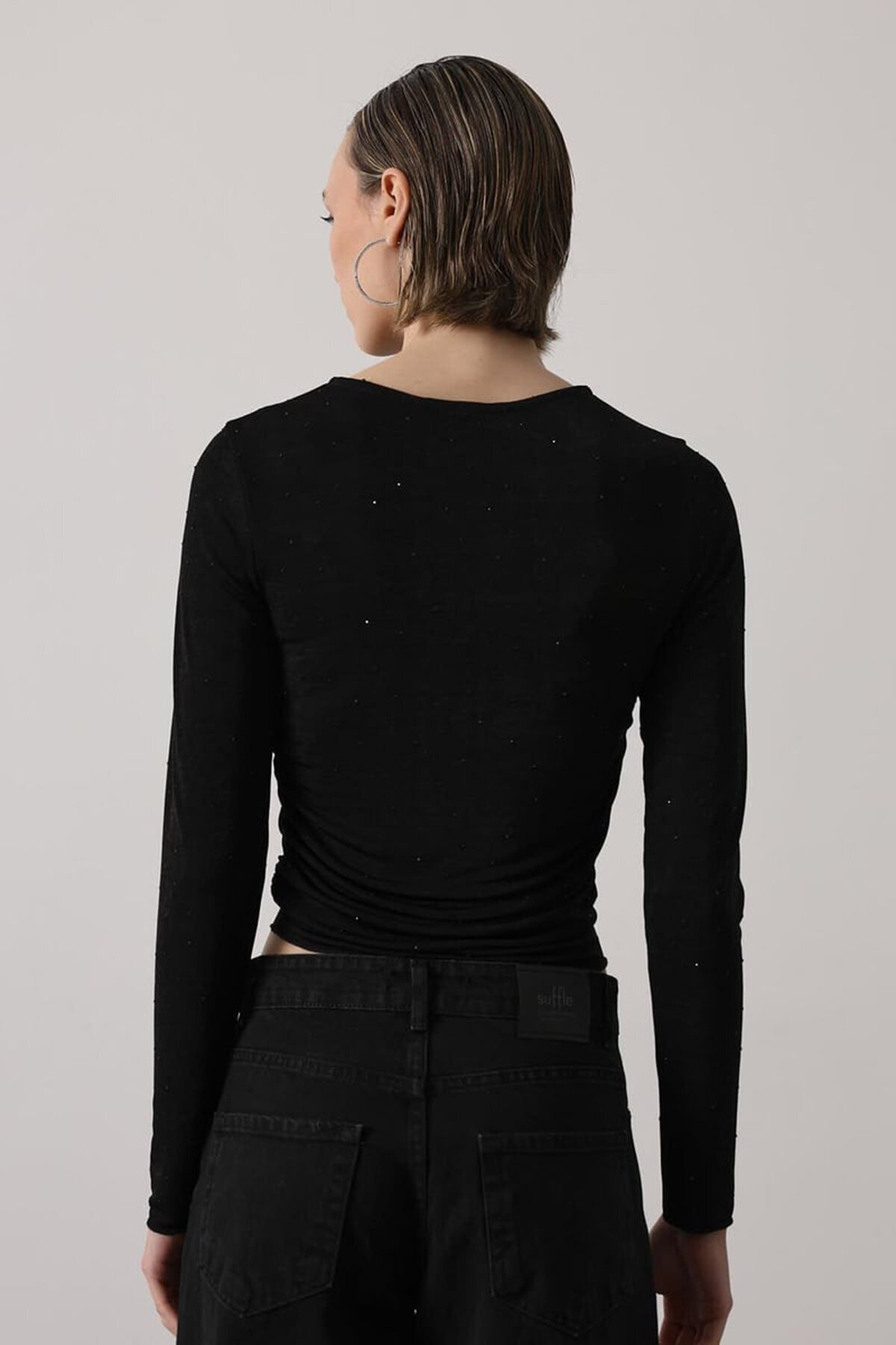 Bisiklet Yaka Taş İşlemeli Büzgülü Bluz