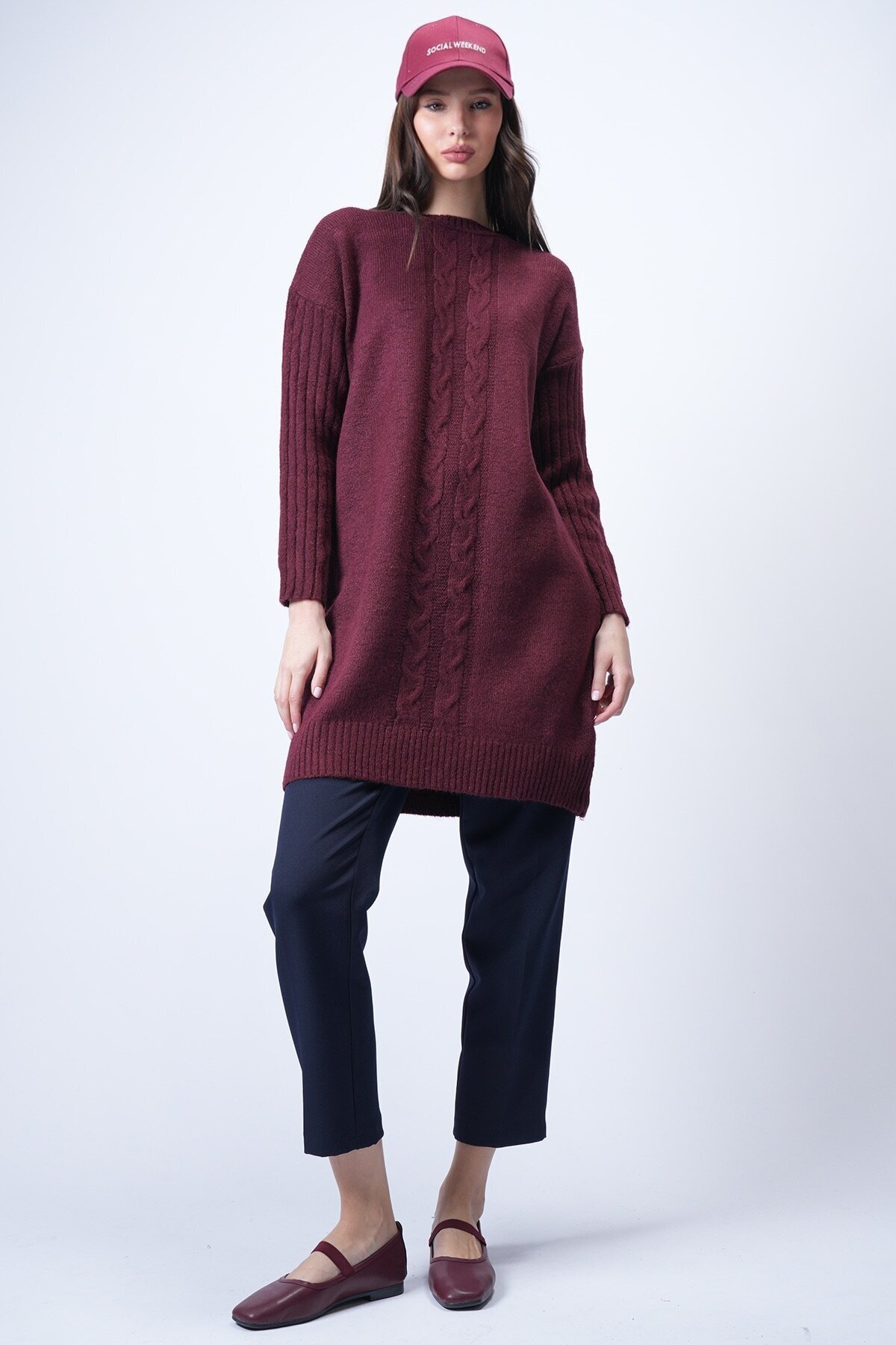 Bordo Bisiklet Yaka Triko Kazak