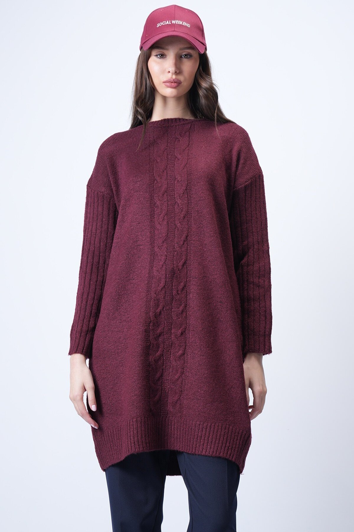 Bordo Bisiklet Yaka Triko Kazak