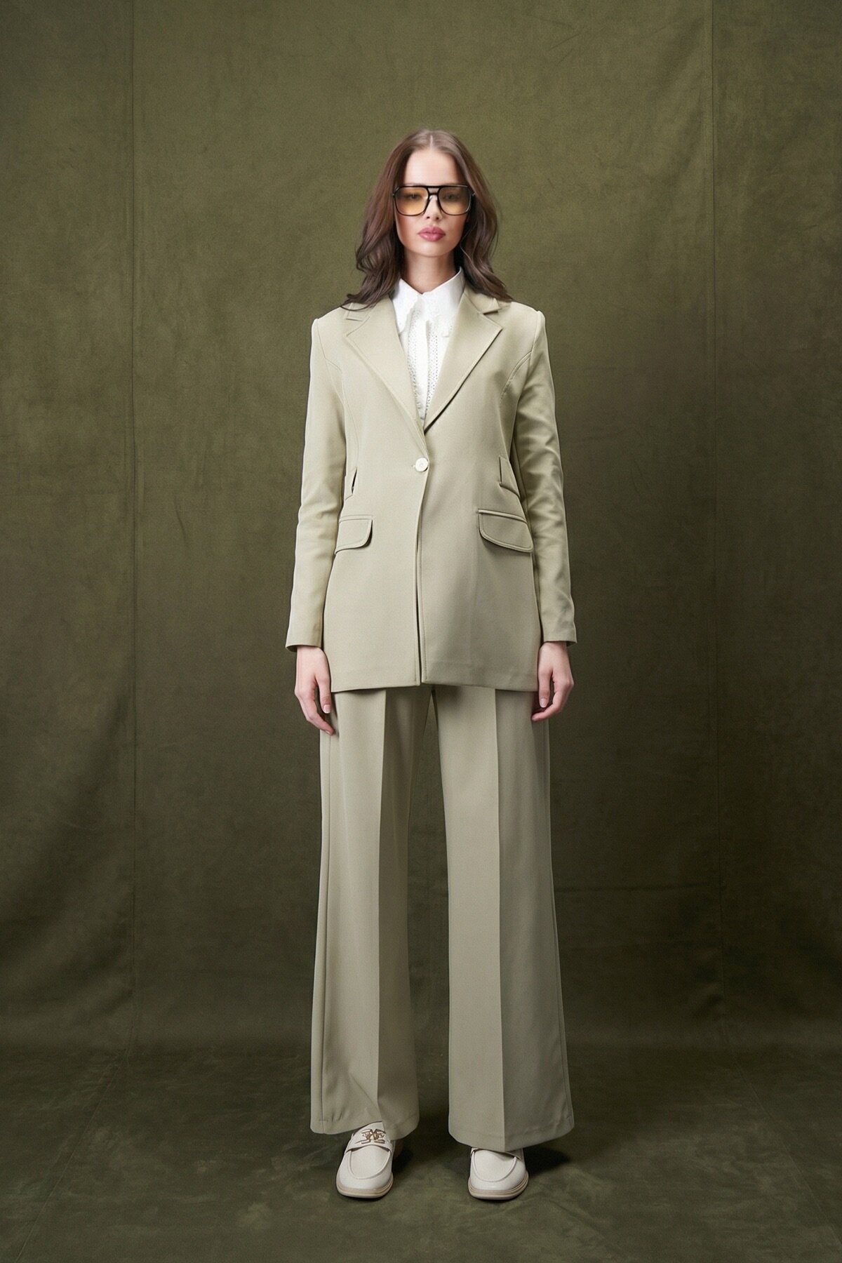 Çağla Yeşili Blazer Ceket Palazzo Takım