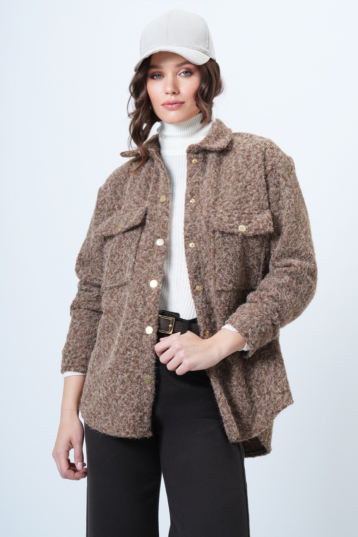 Buklet Dokulu Oversize Gömlek Ceket