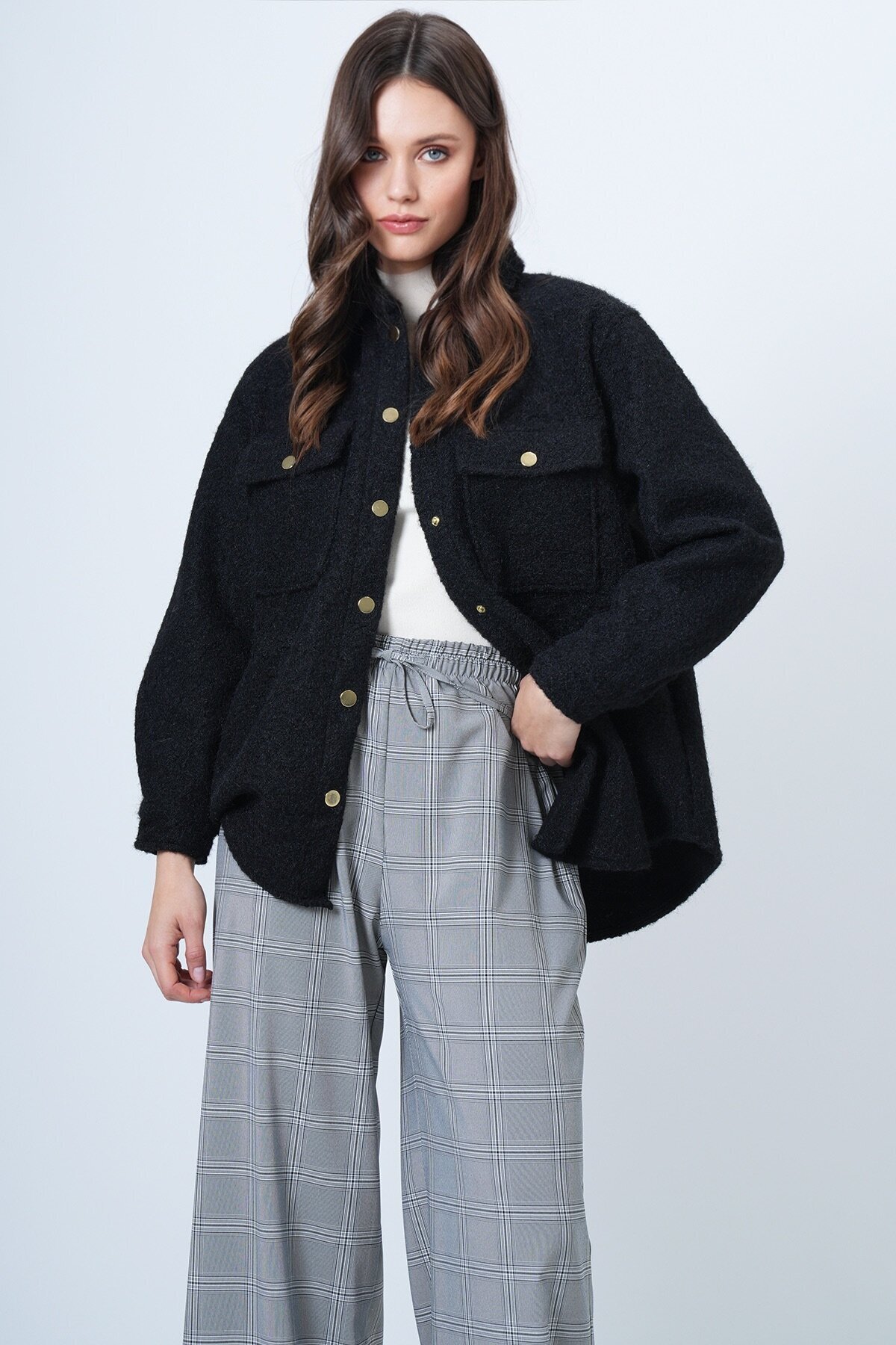 Buklet Dokulu Oversize Gömlek Ceket