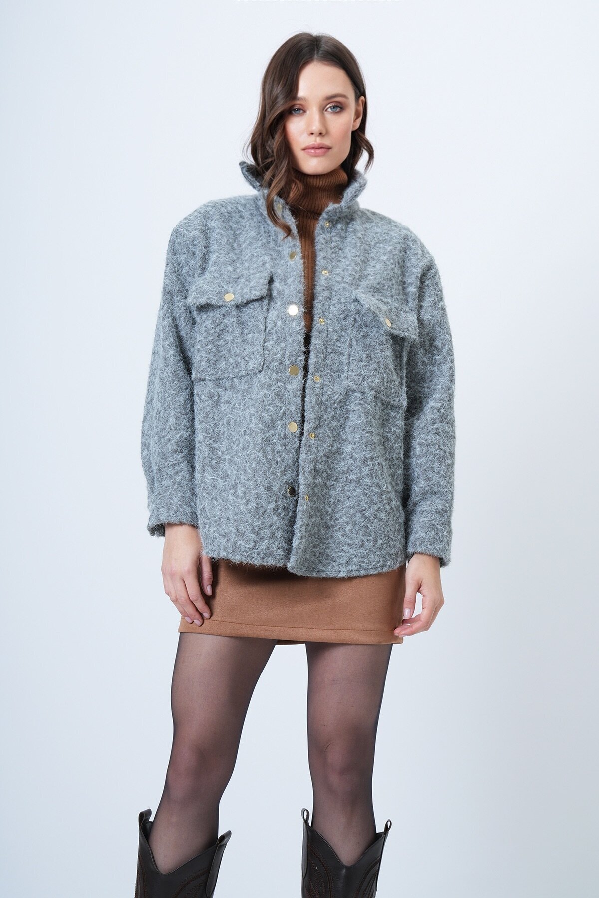 Buklet Dokulu Oversize Gömlek Ceket