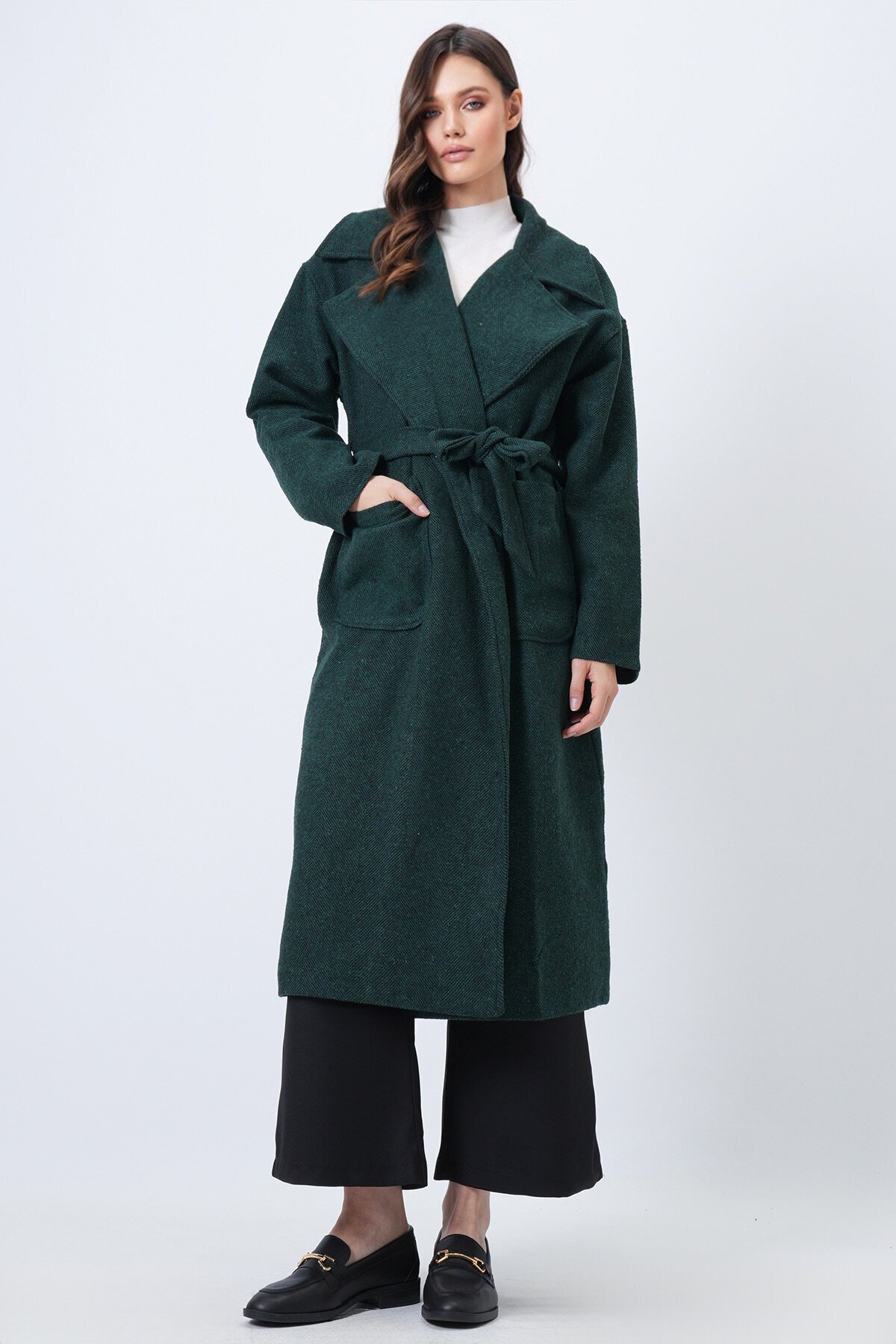 Ceket Yaka Torba Cepli İçi Astarlı Kuşak Bağlamalı Kaşe Kaban