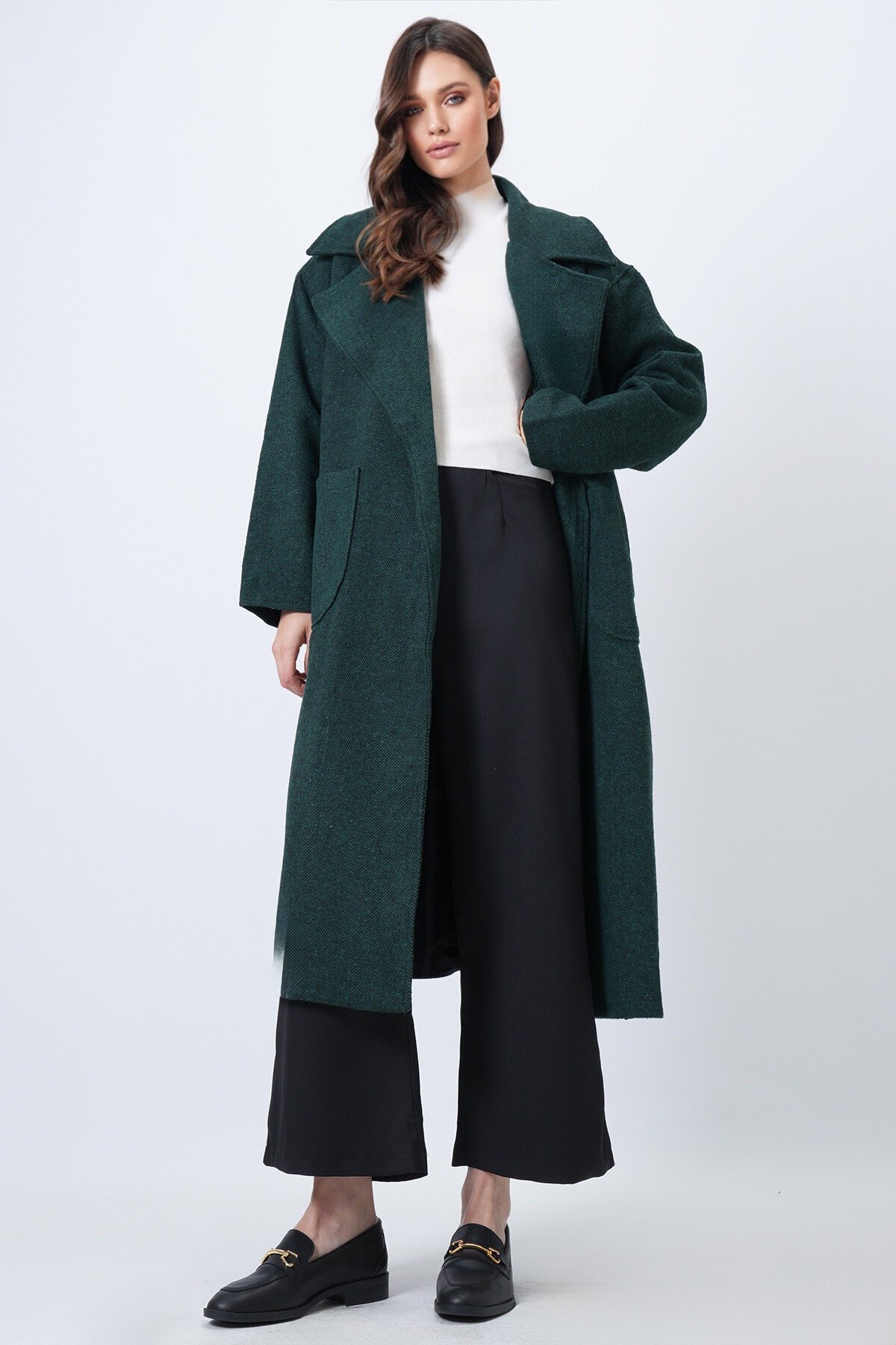 Ceket Yaka Torba Cepli İçi Astarlı Kuşak Bağlamalı Kaşe Kaban