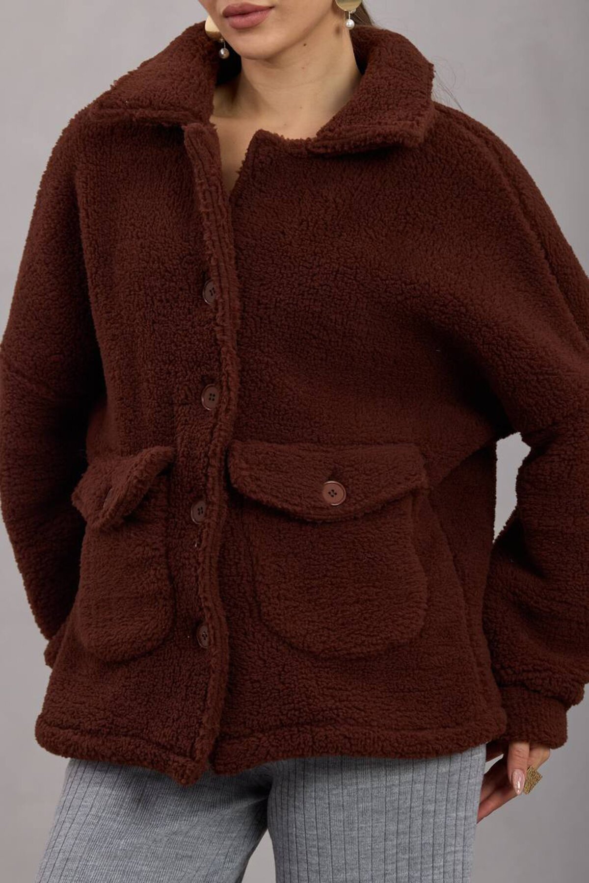 Çift Cepli Düğme Kapamalı Peluş Ceket