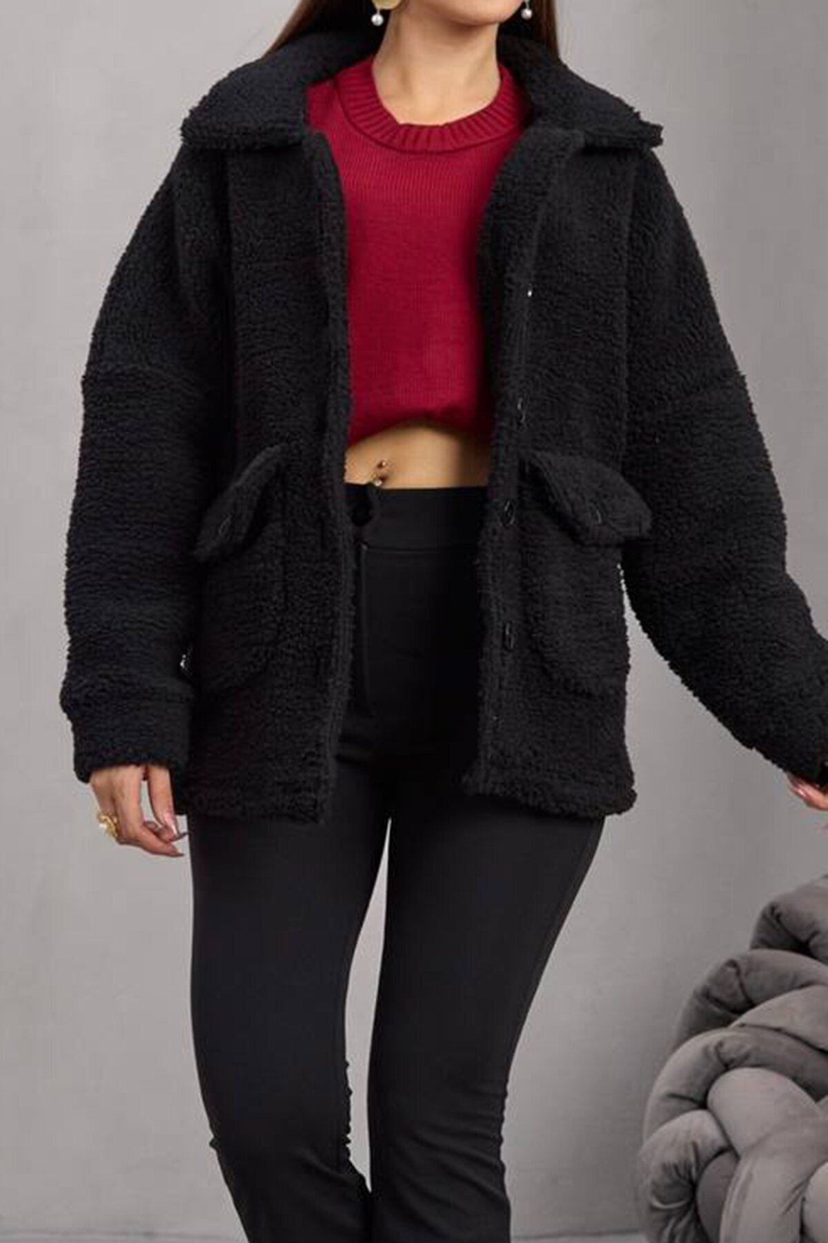 Çift Cepli Düğme Kapamalı Peluş Ceket