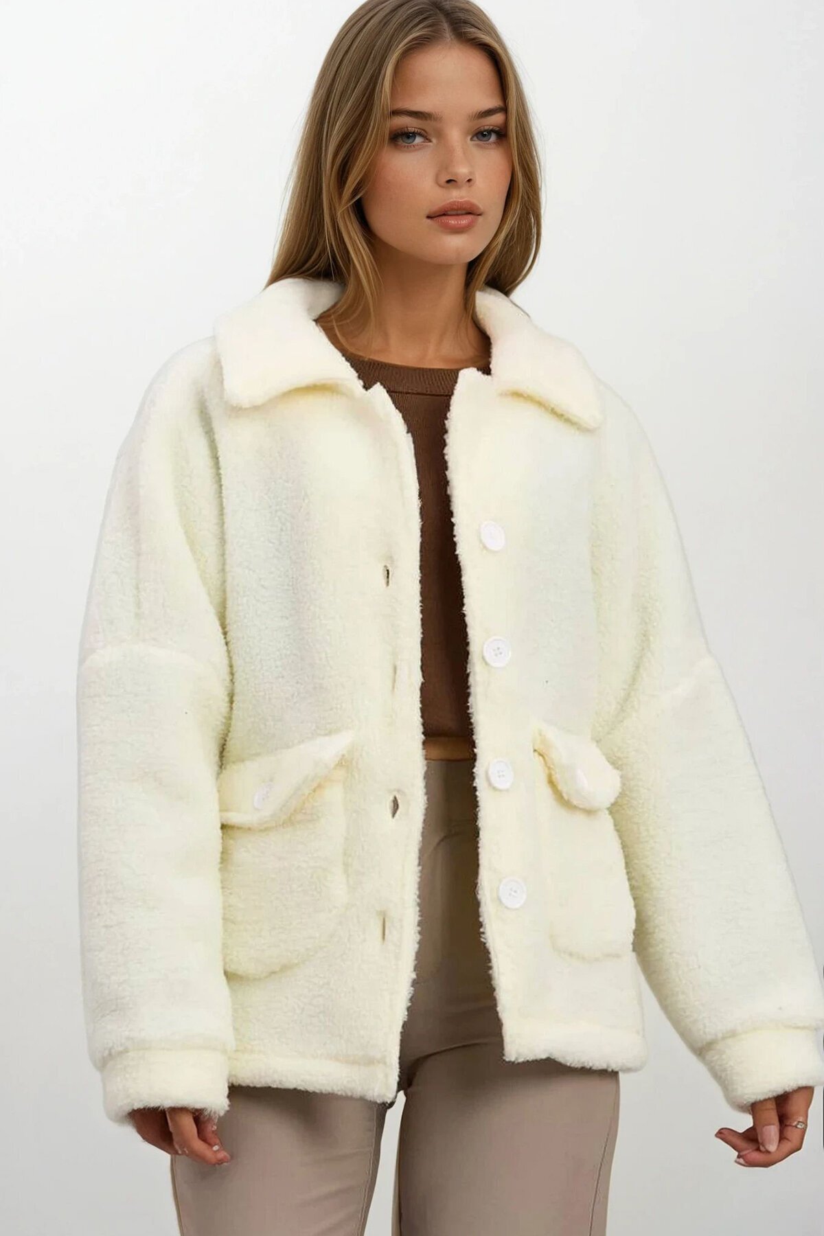 Çift Cepli Düğme Kapamalı Peluş Ceket