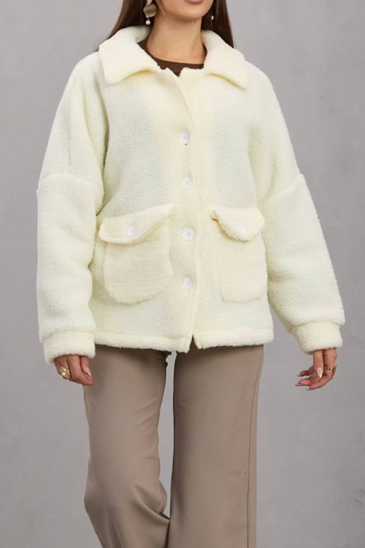 Çift Cepli Düğme Kapamalı Peluş Ceket