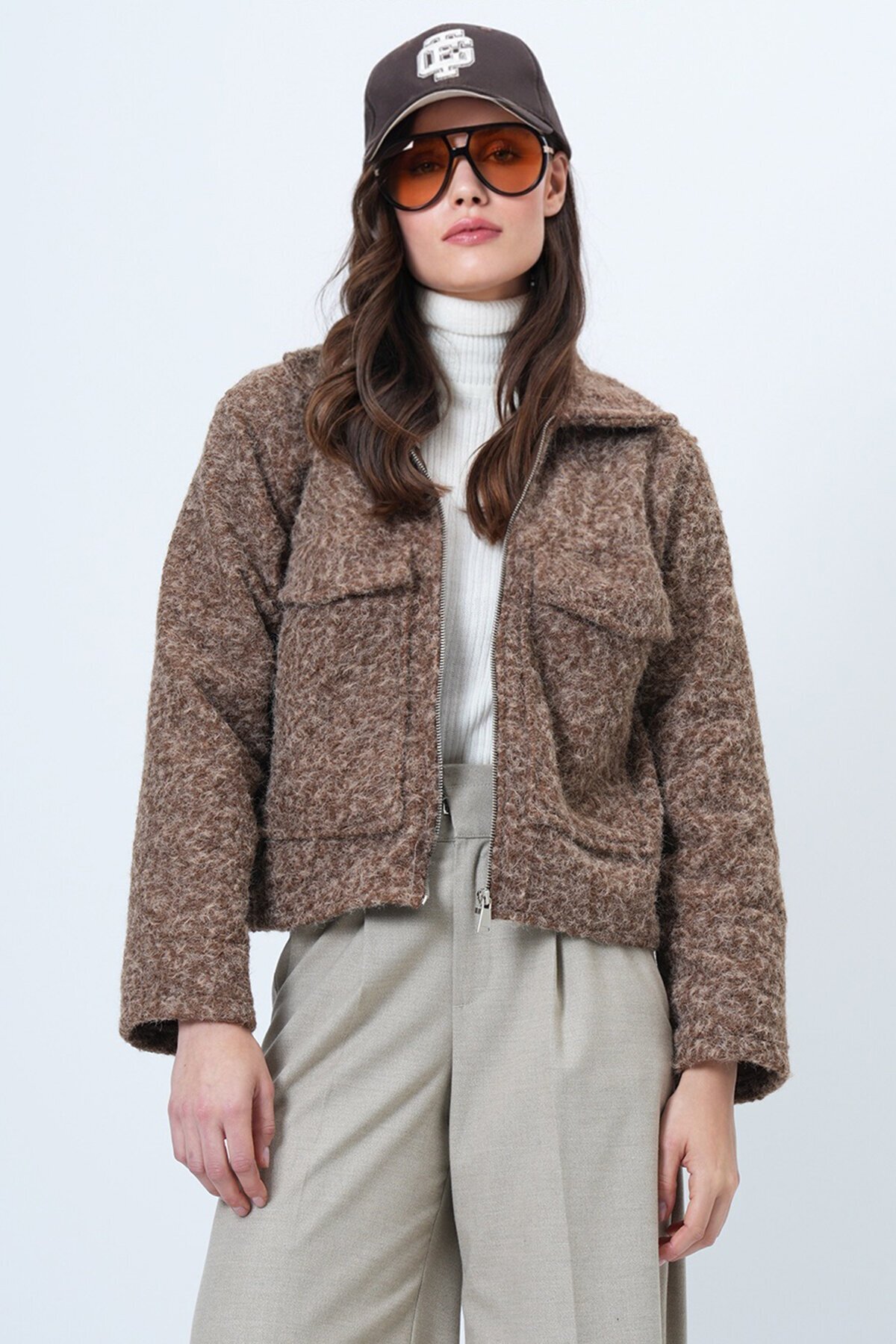 Çift Cepli Fermuar Kapamalı Buklet Ceket