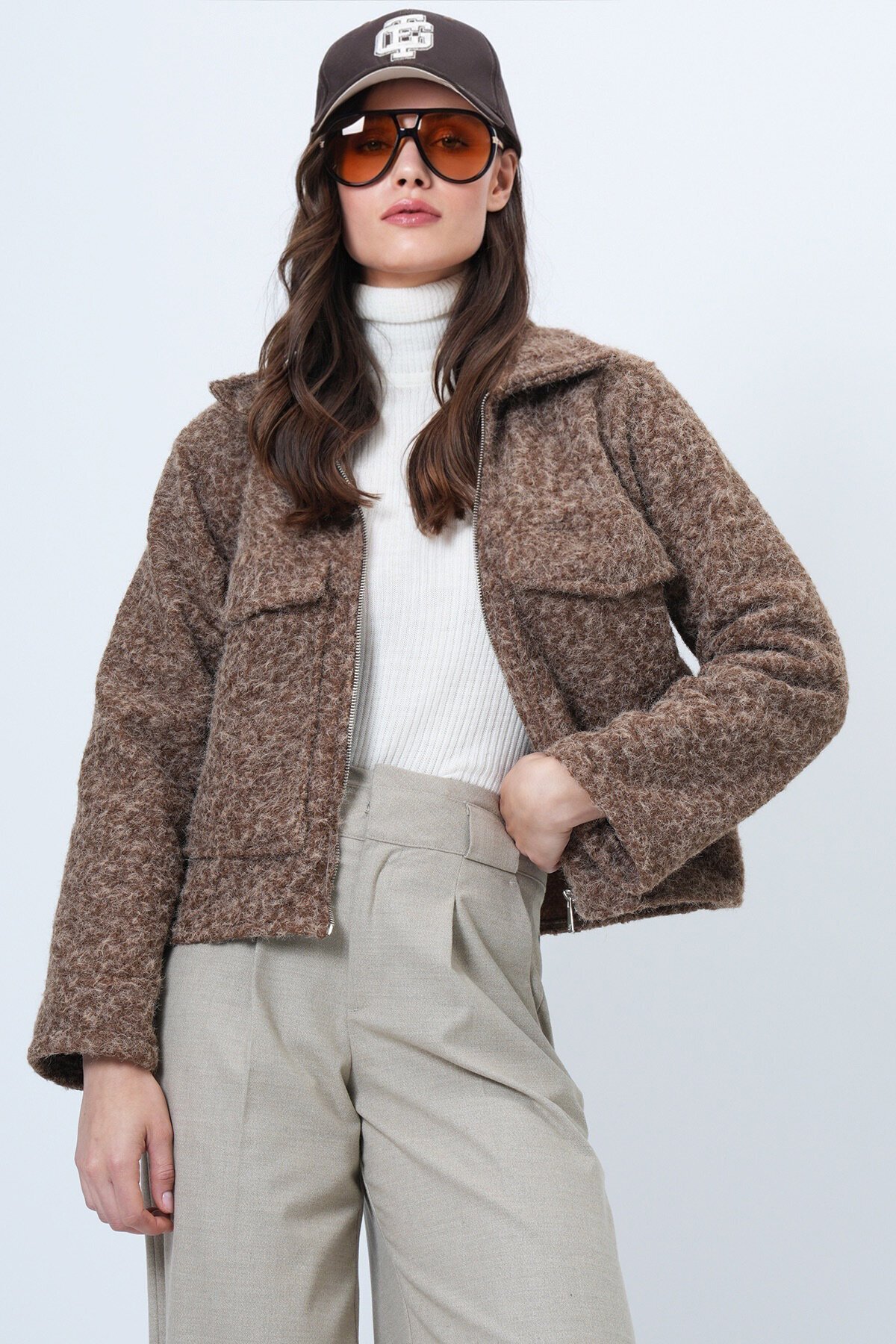 Çift Cepli Fermuar Kapamalı Buklet Ceket