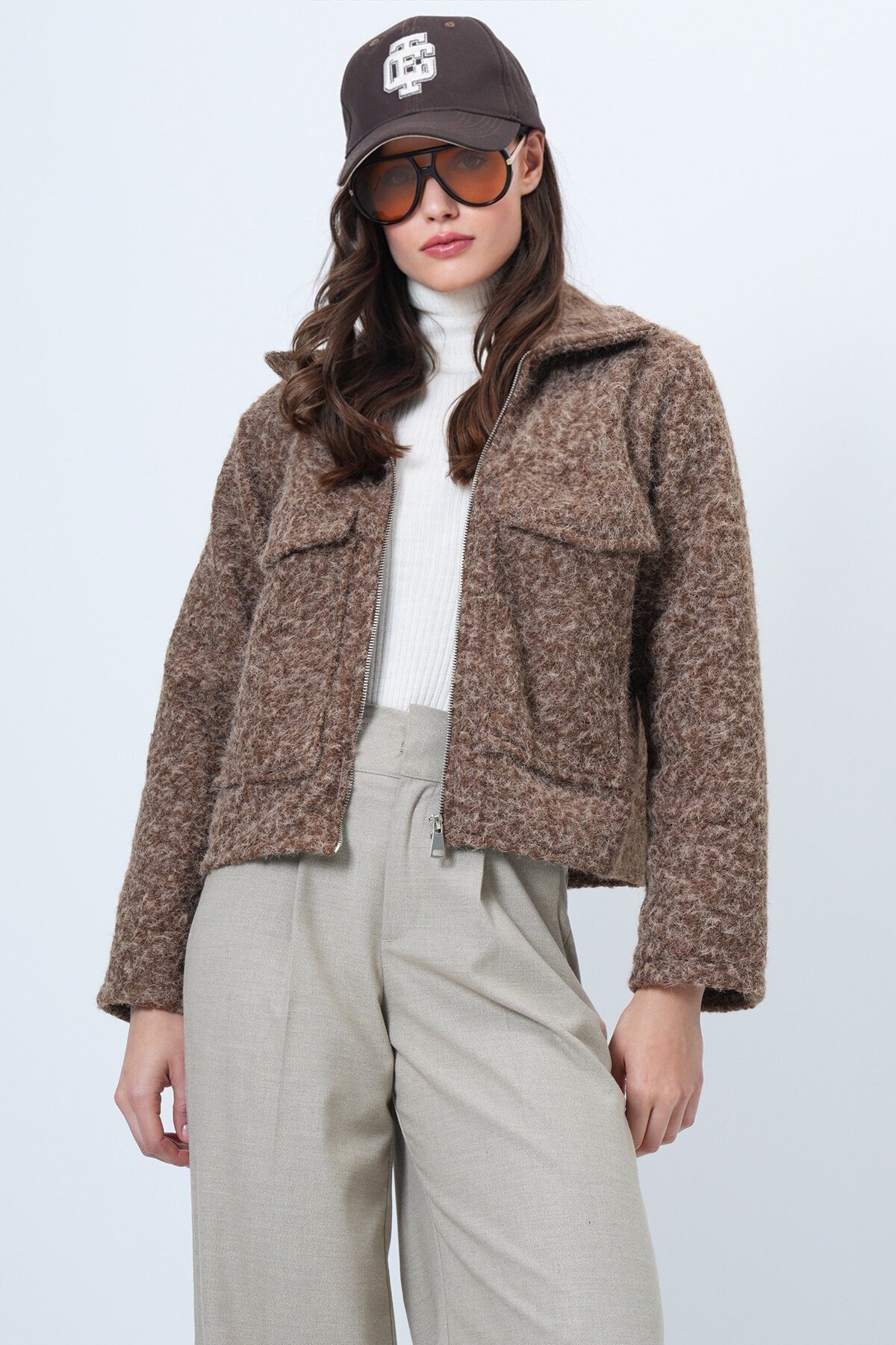 Çift Cepli Fermuar Kapamalı Buklet Ceket