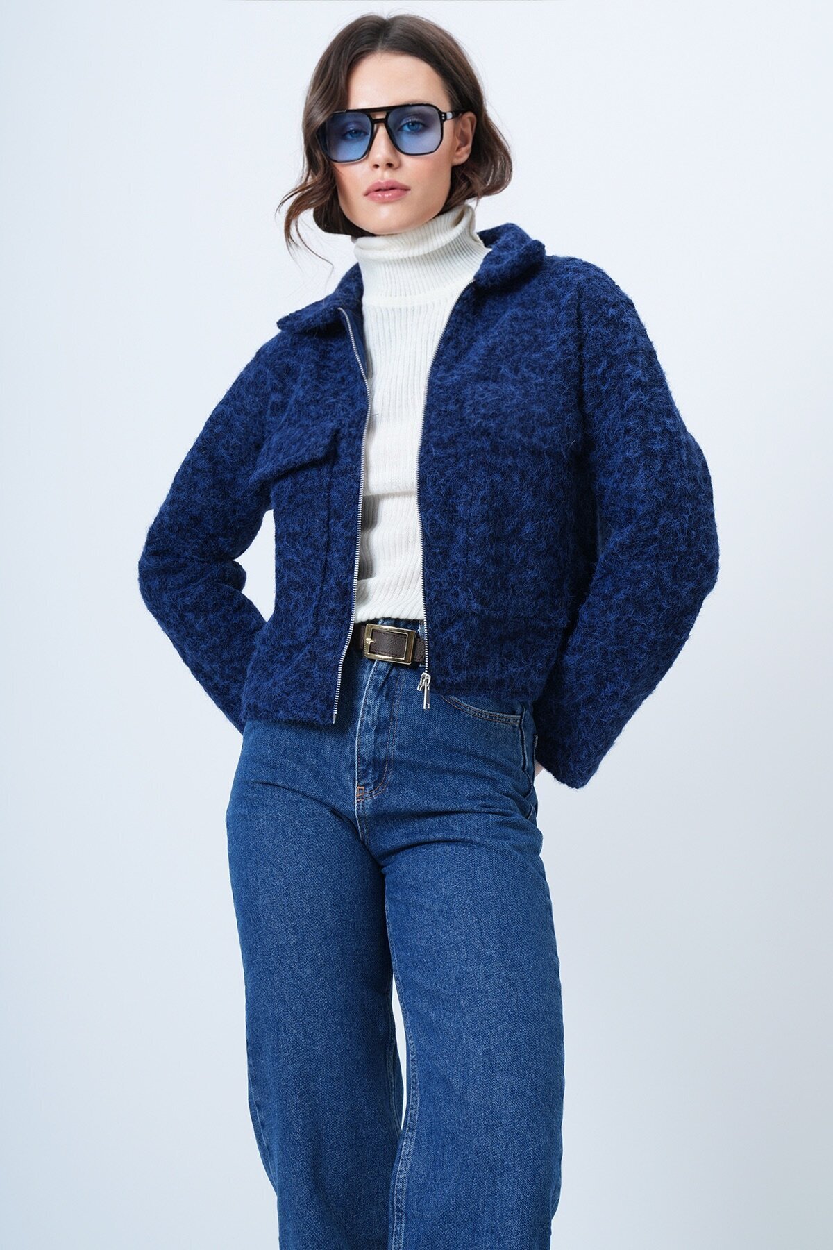 Çift Cepli Fermuar Kapamalı Buklet Ceket