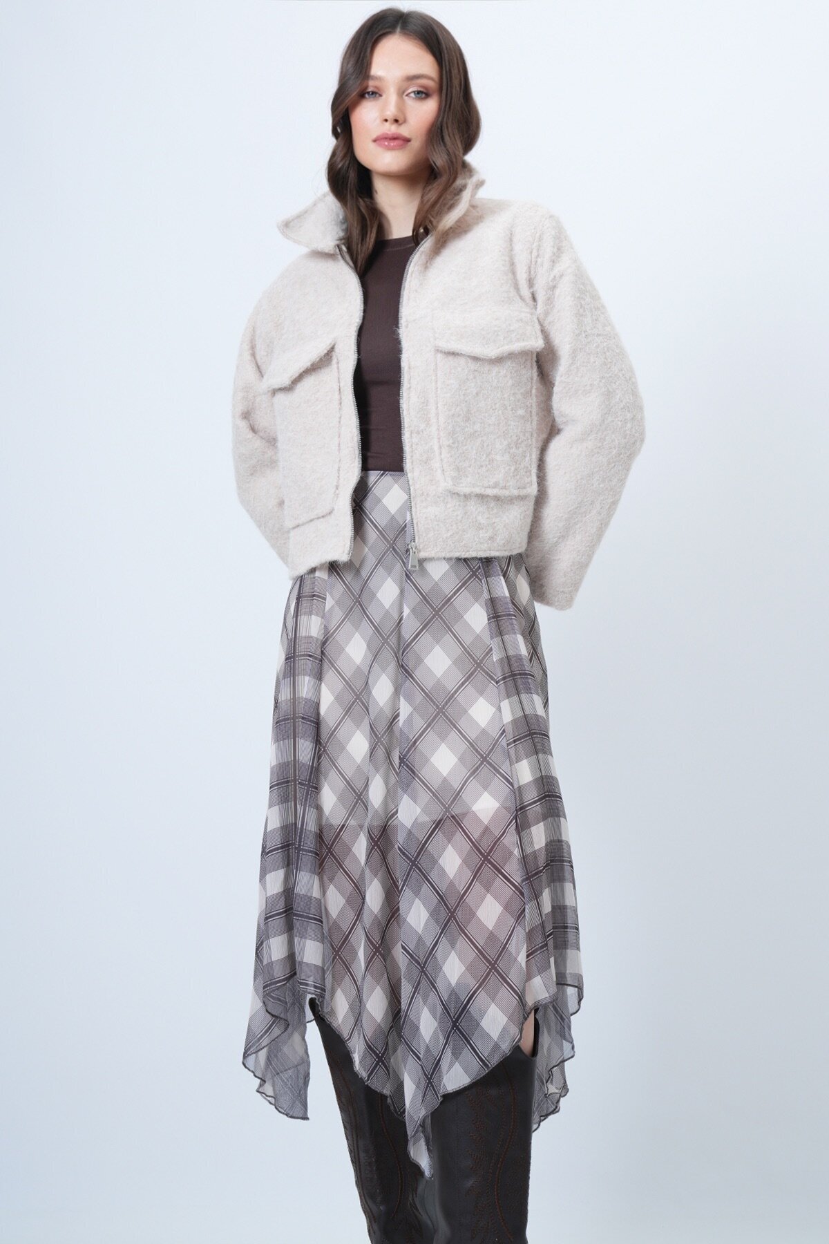 Çift Cepli Fermuar Kapamalı Buklet Ceket