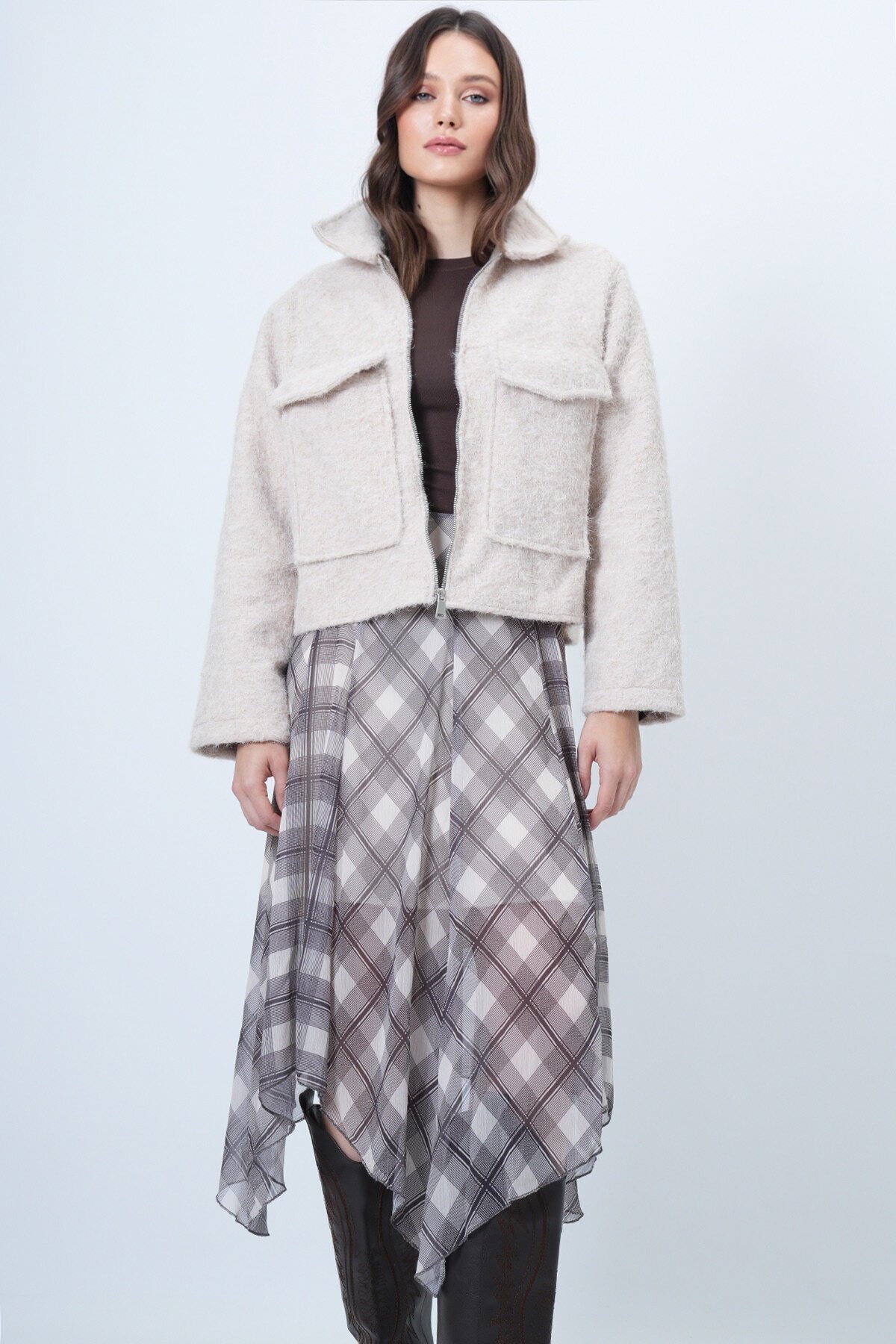 Çift Cepli Fermuar Kapamalı Buklet Ceket