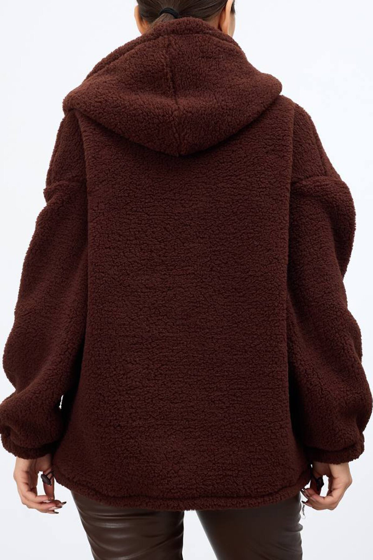 Çift Cepli Fermuar Kapamalı Kapüşonlu Peluş Ceket