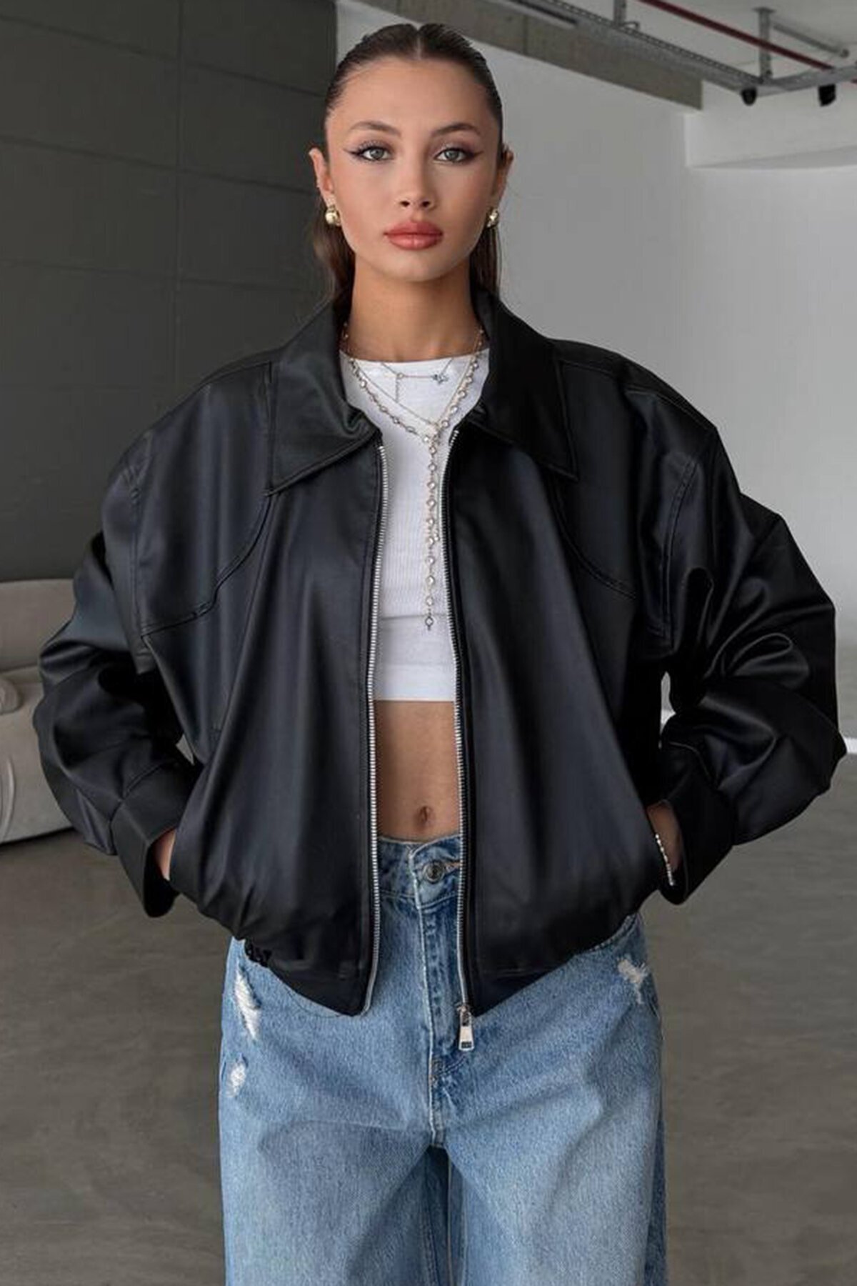 Çift Cepli Fermuarlı Bomber Suni Deri Ceket