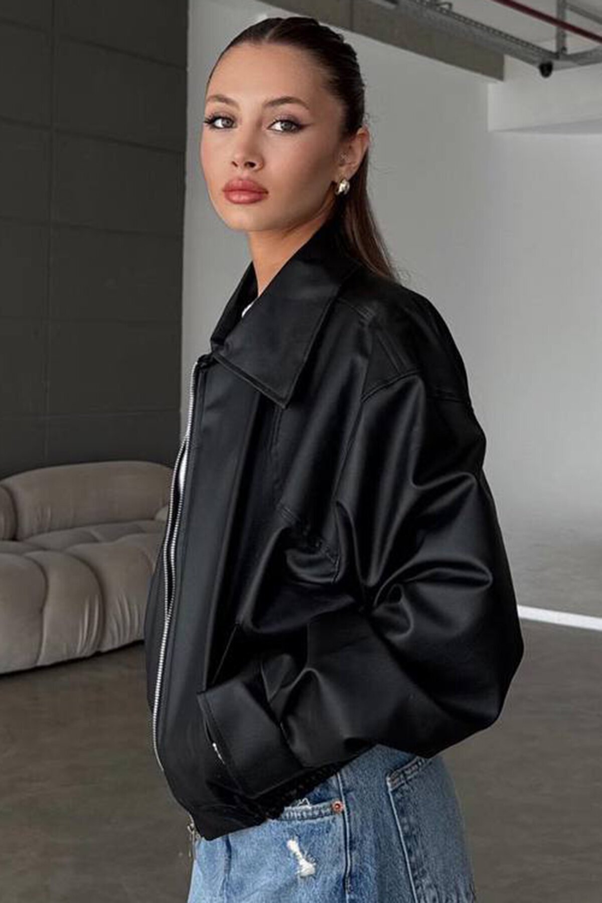 Çift Cepli Fermuarlı Bomber Suni Deri Ceket