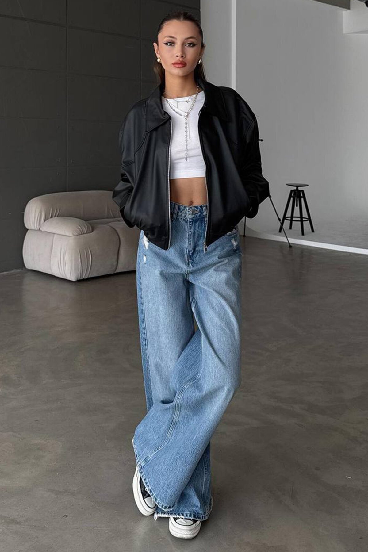 Çift Cepli Fermuarlı Bomber Suni Deri Ceket