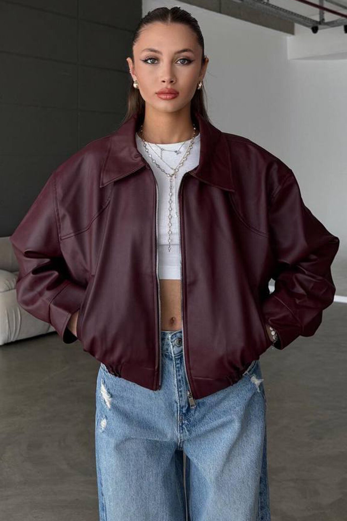 Çift Cepli Fermuarlı Bomber Suni Deri Ceket