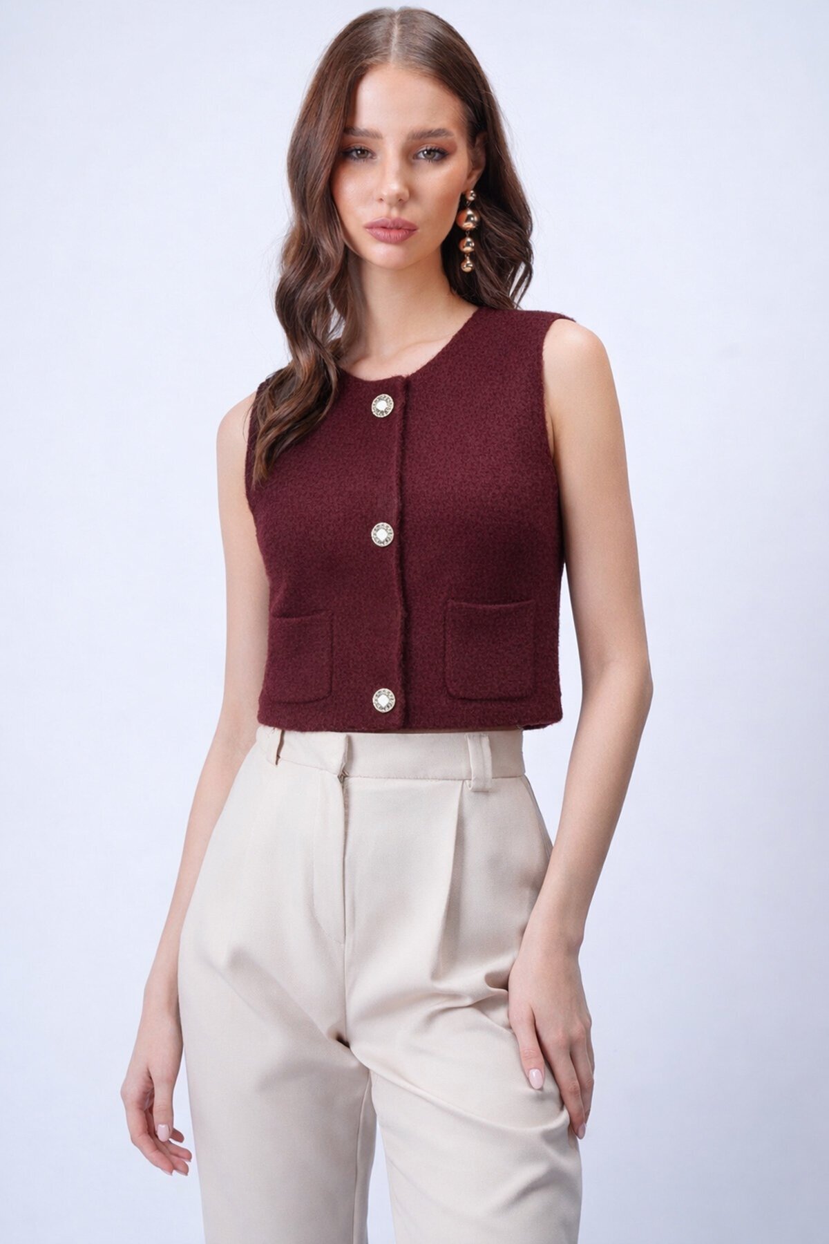 Çift Cepli Gold Düğmeli Yumoş Yelek