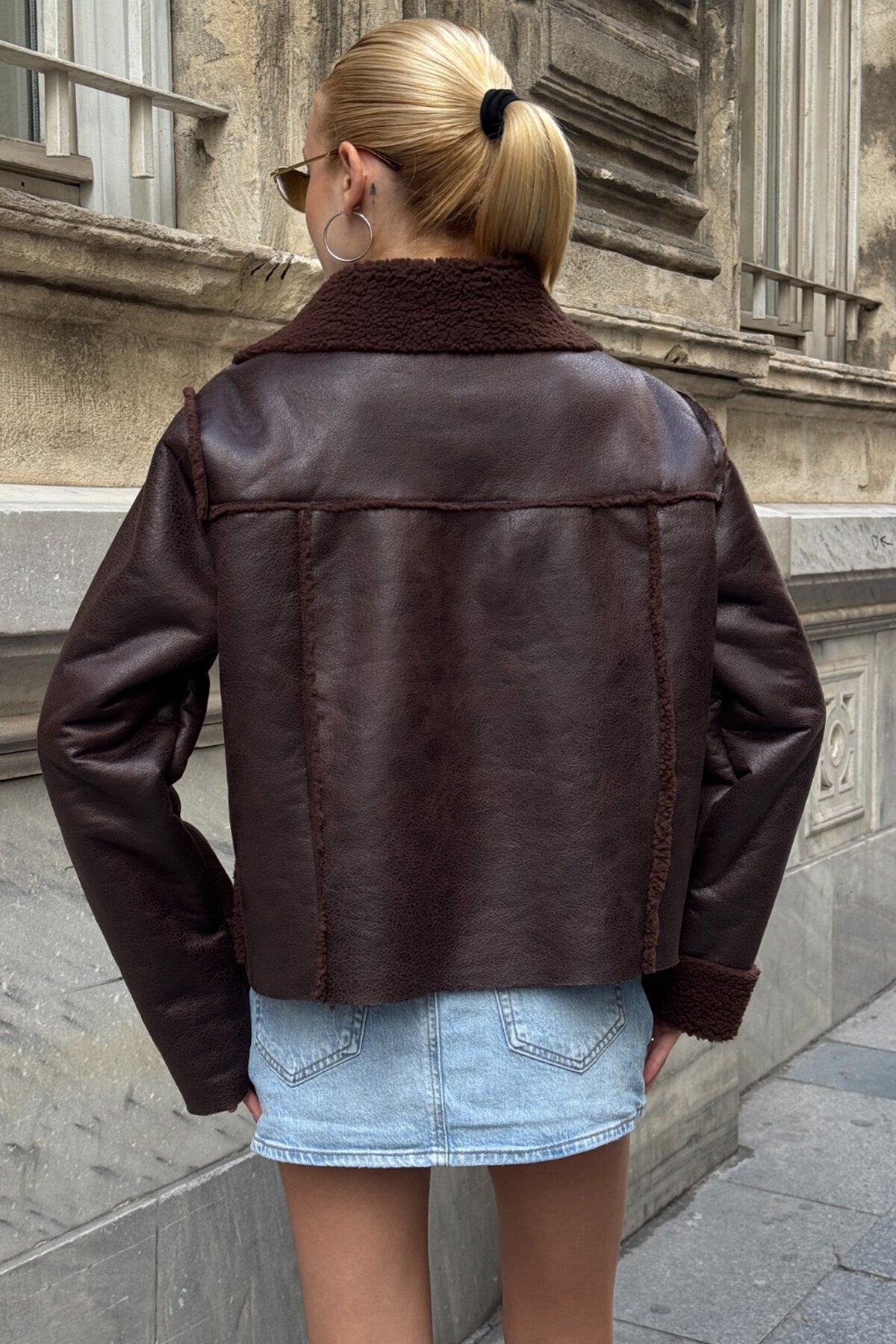 Çift Cepli İçi Suni Kürklü Suni Deri Biker Ceket