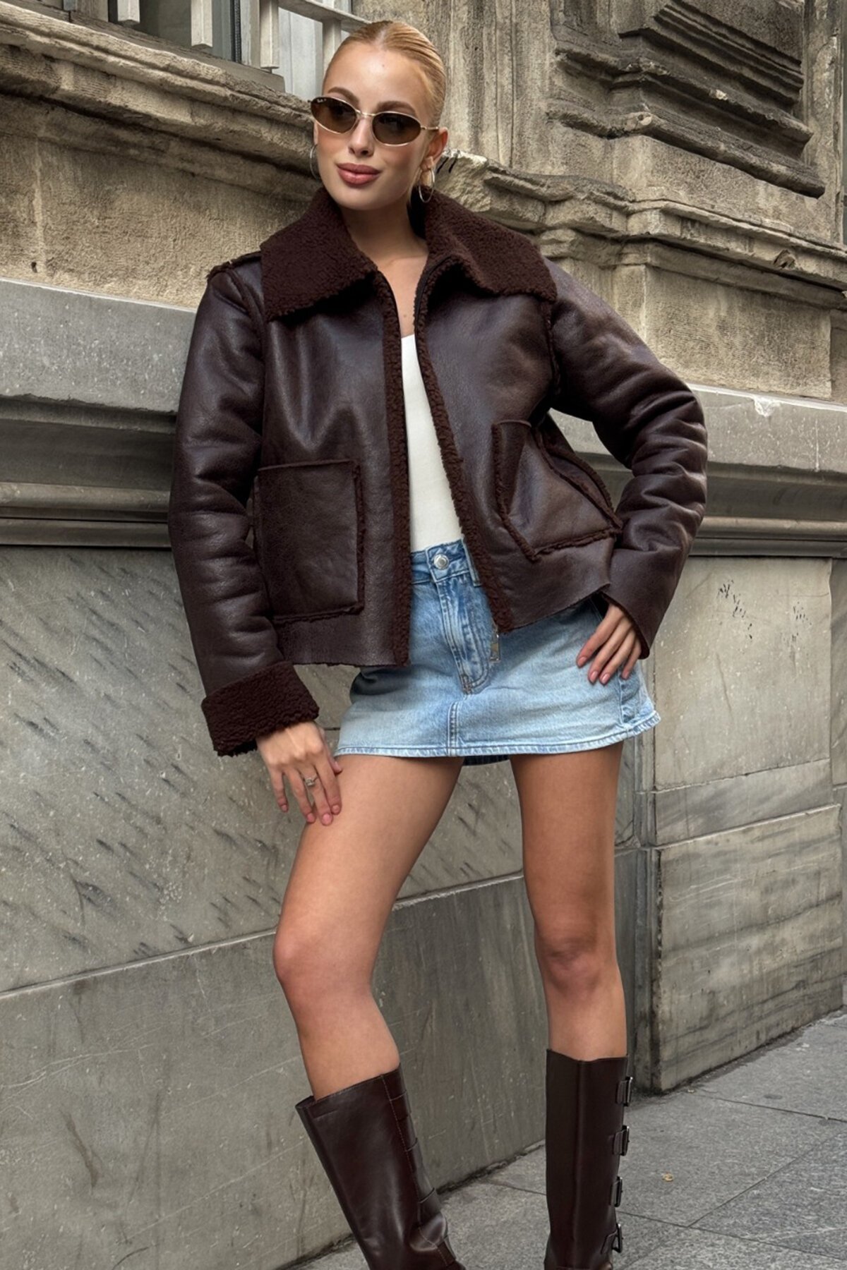 Çift Cepli İçi Suni Kürklü Suni Deri Biker Ceket