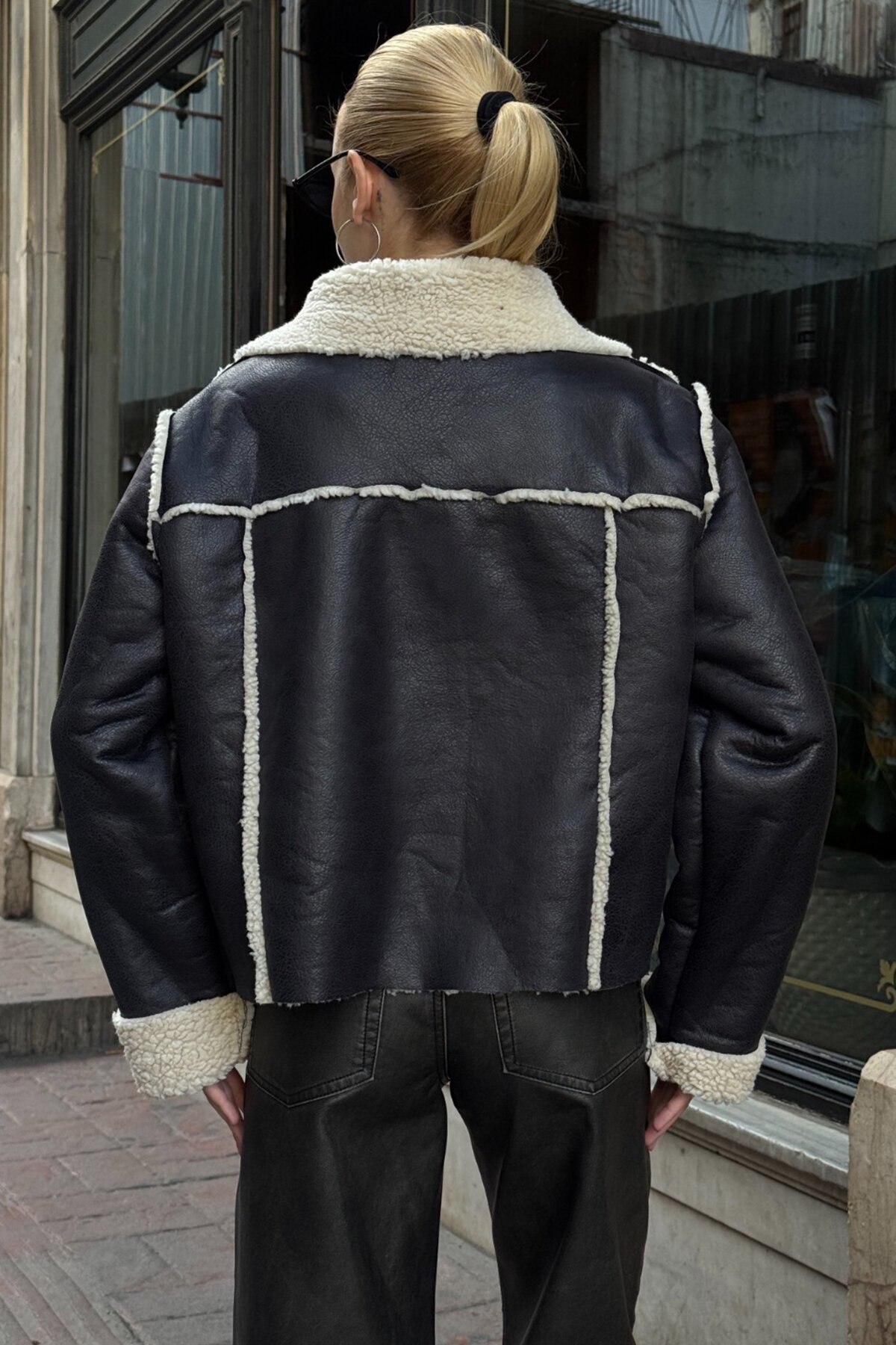 Çift Cepli İçi Suni Kürklü Suni Deri Biker Ceket