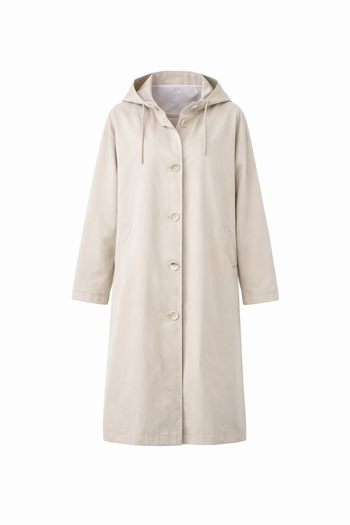 Çift Cepli Kapüşonlu Beli Bağlamalı Düğme Kapamalı Astarlı Trençkot