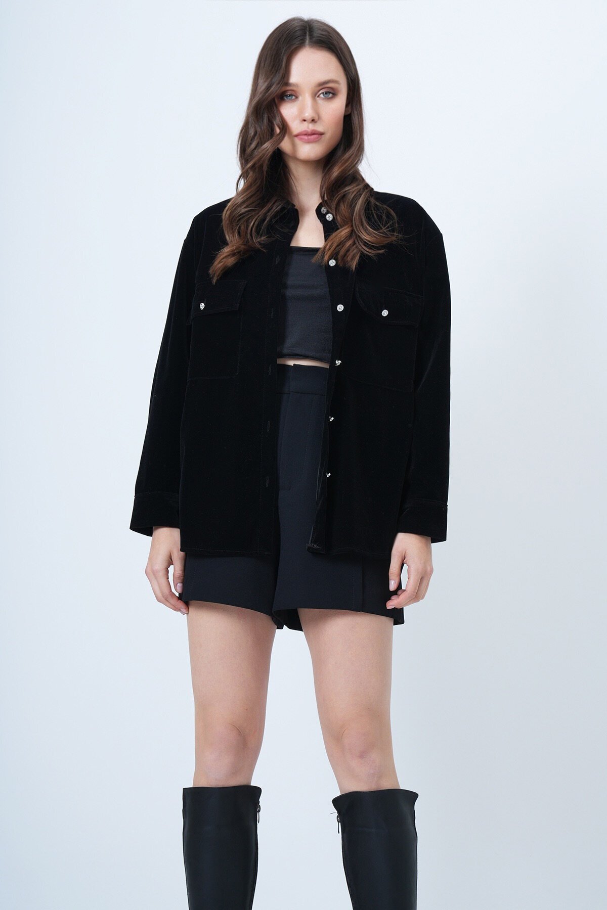 Çift Cepli Oversize Kadife Gömlek