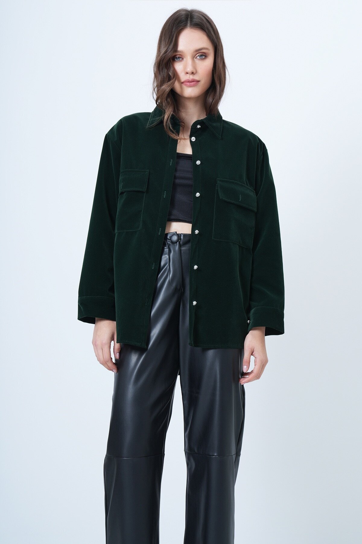 Çift Cepli Oversize Kadife Gömlek