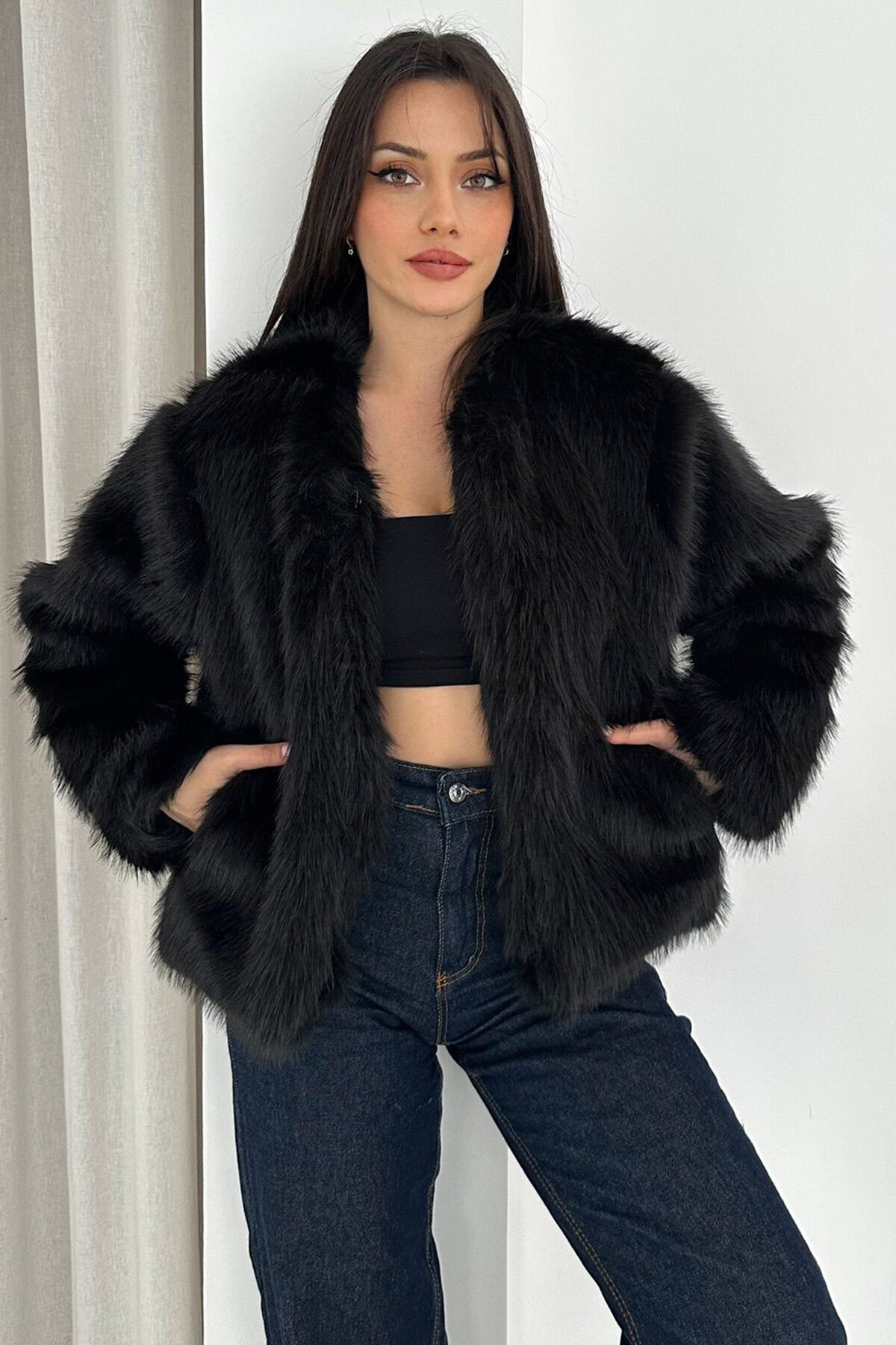 Çift Cepli Peluş Kürk Ceket