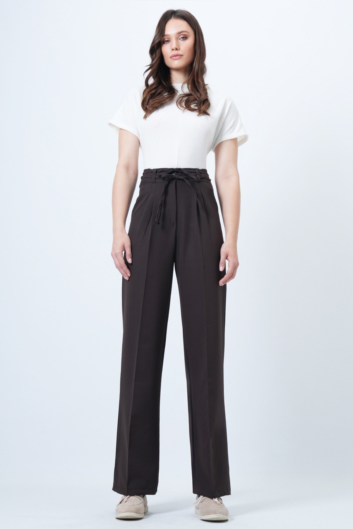 Çift Ceplil Bağcıklı Düğme Kapamalı Palazzo Pantolon