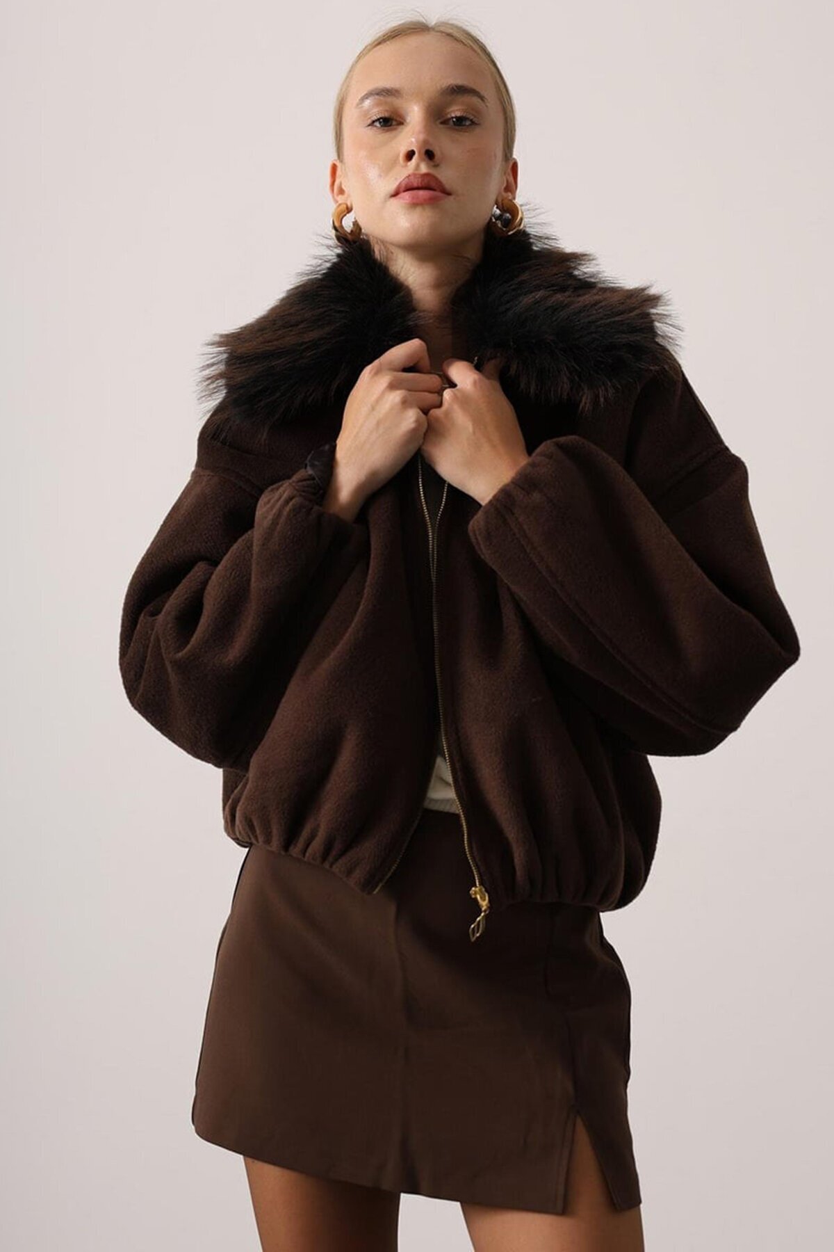 Çıkarılabilir Kürklü Yaka Fermuar Kapamalı Bomber Kaşe Ceket