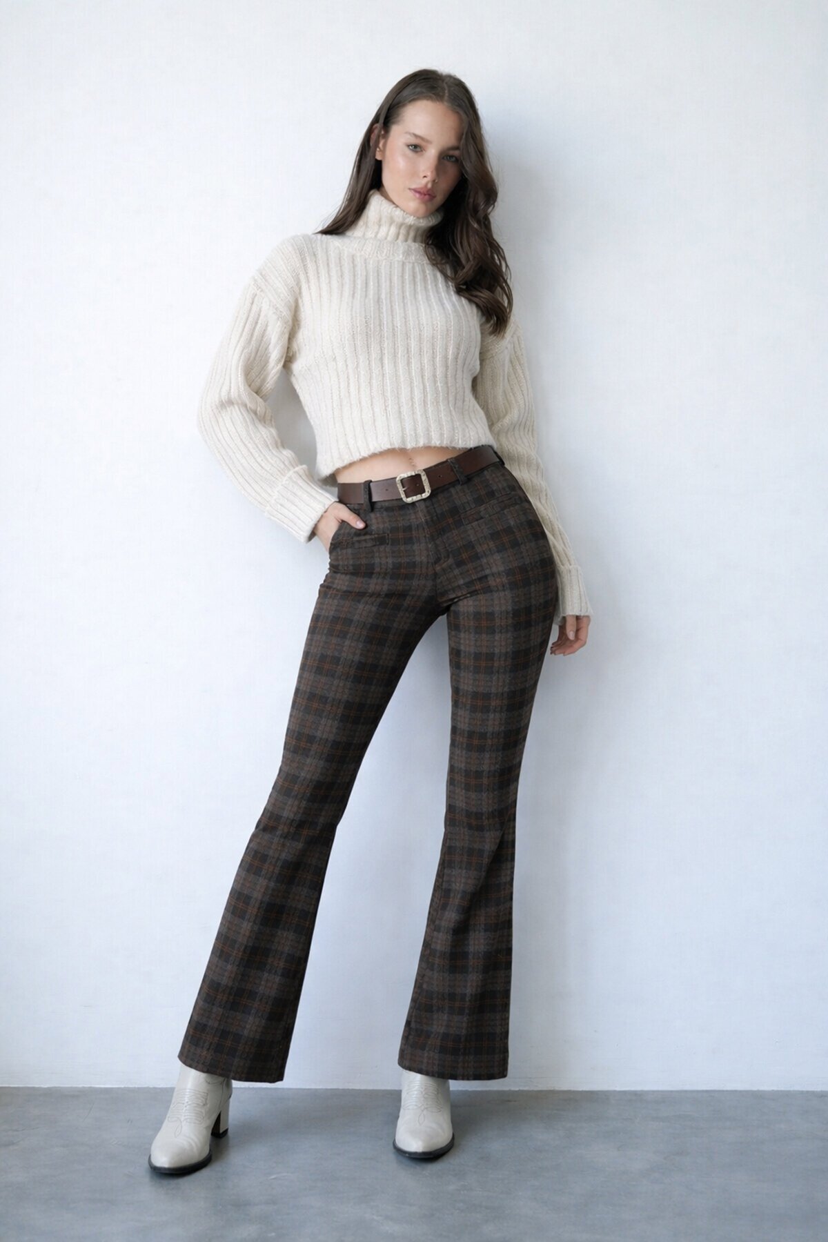 Kemerli Ekoseli İspanyol Paça Pantolon