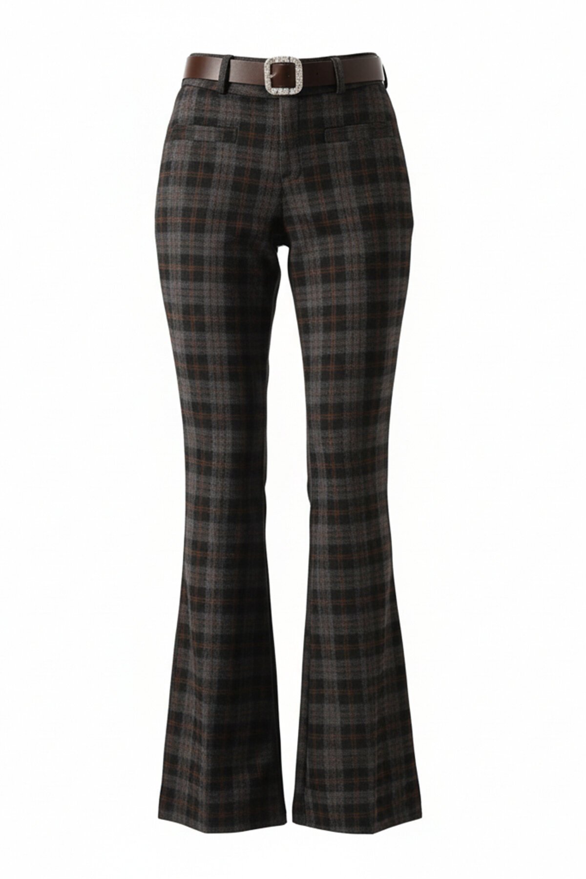 Kemerli Ekoseli İspanyol Paça Pantolon