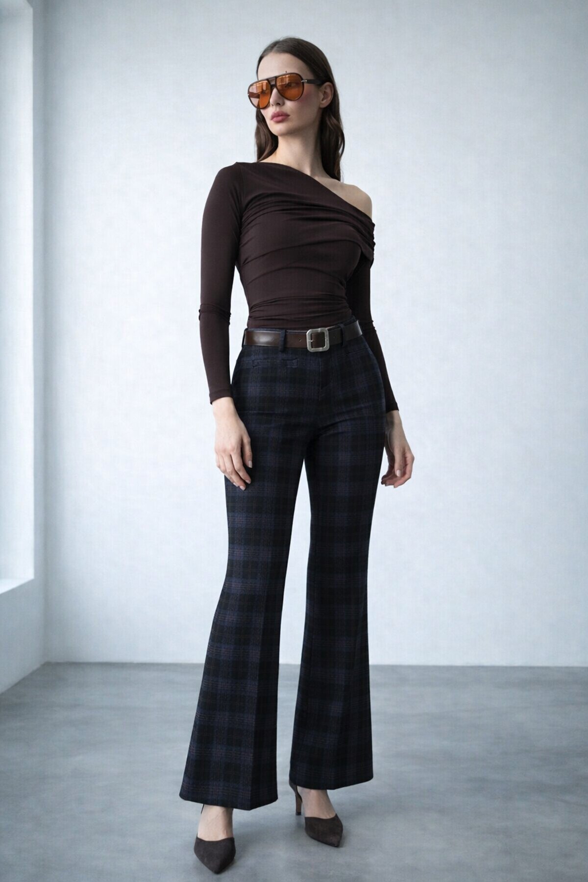 Kemerli Ekoseli İspanyol Paça Pantolon