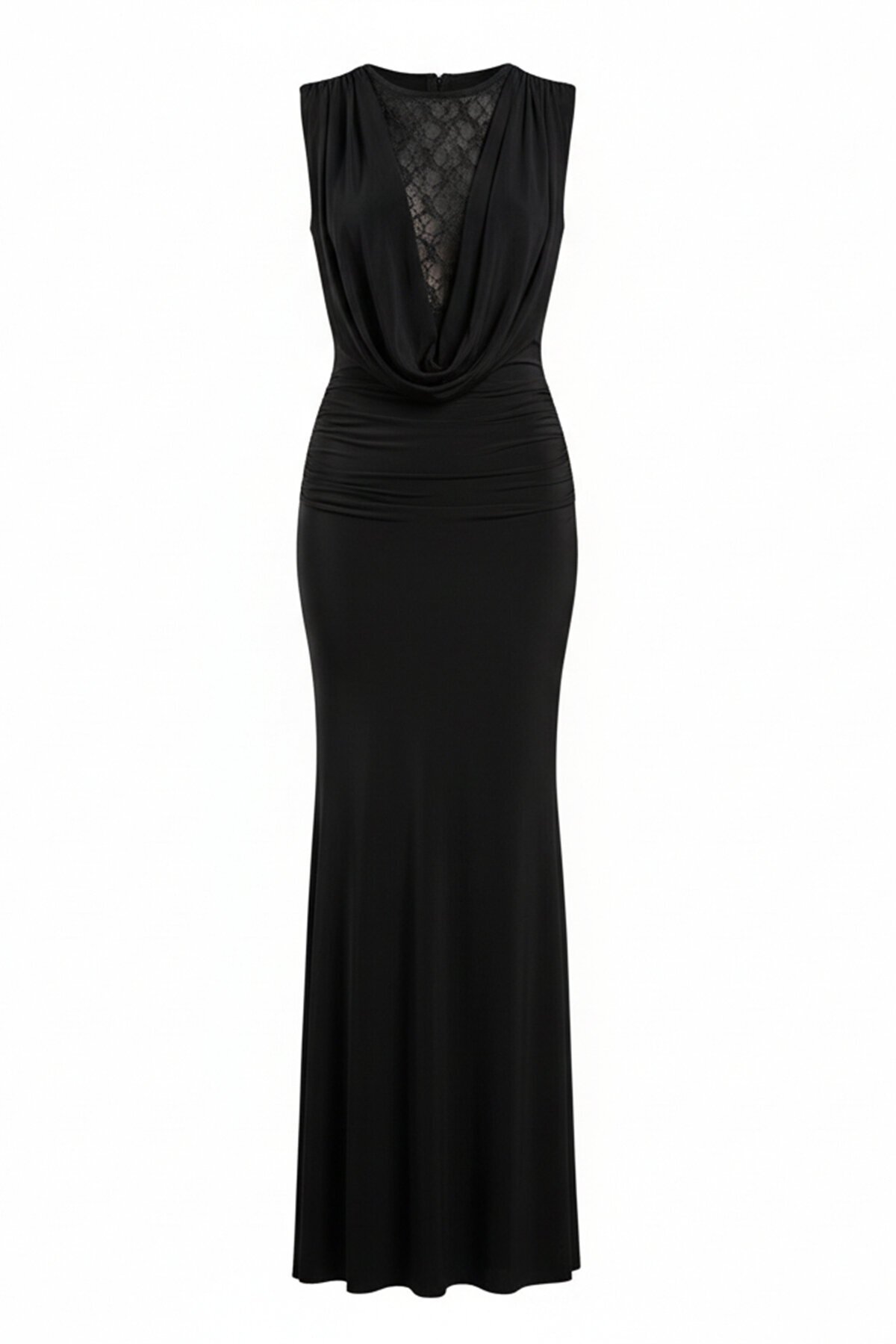 Degaje Yaka Tül Sırtı Tül Dekolteli Elbise