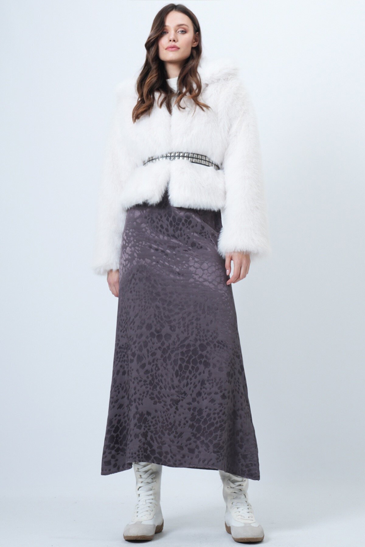 Desenli Fermuar Kapamalı Midi Boy Etek