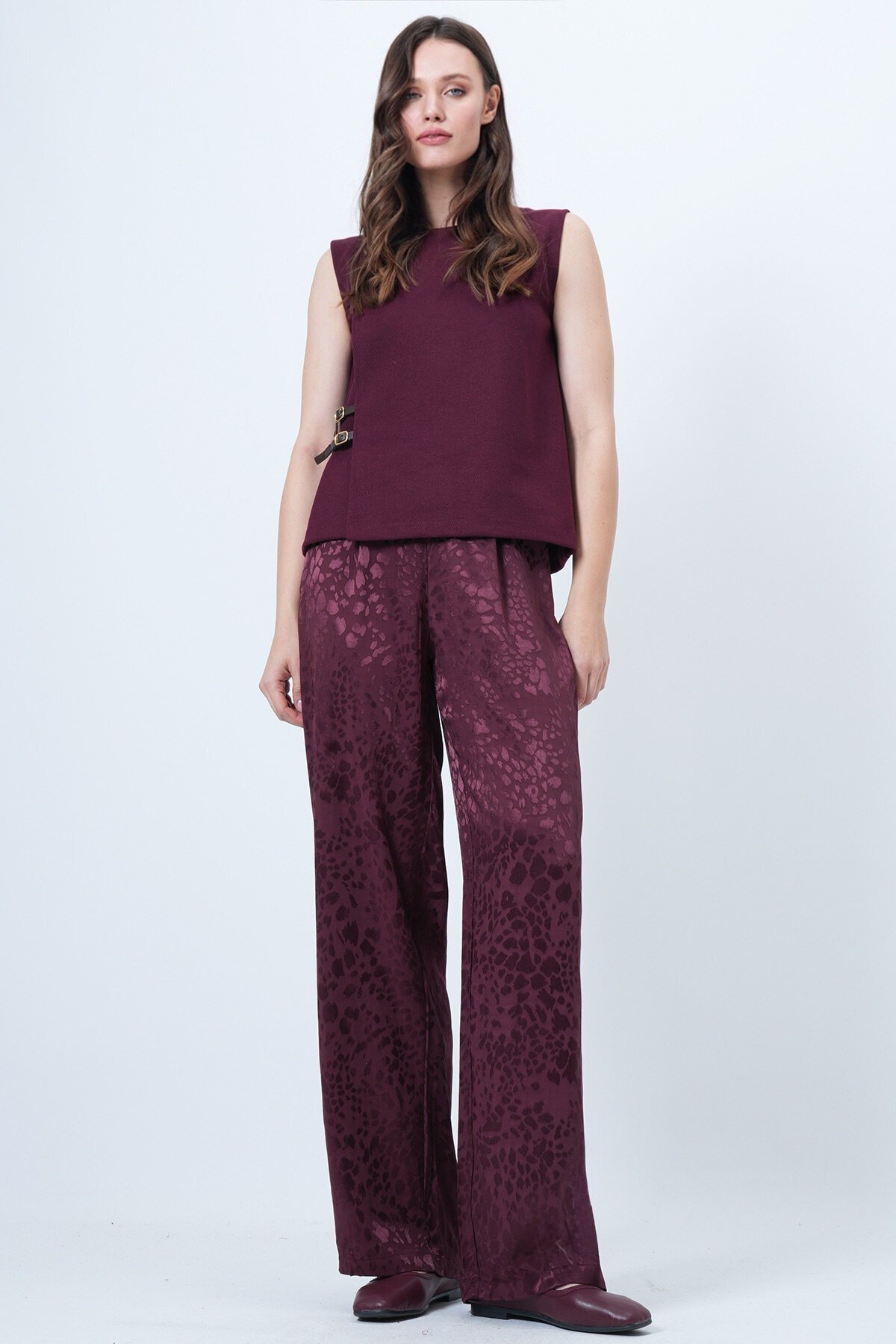 Desenli Fermuar Kapamalı Çift Cepli Palazzo Pantolon