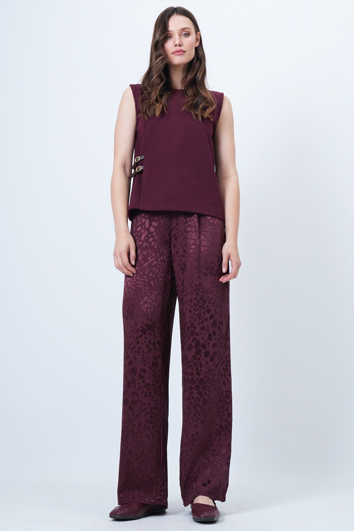 Desenli Fermuar Kapamalı Çift Cepli Palazzo Pantolon