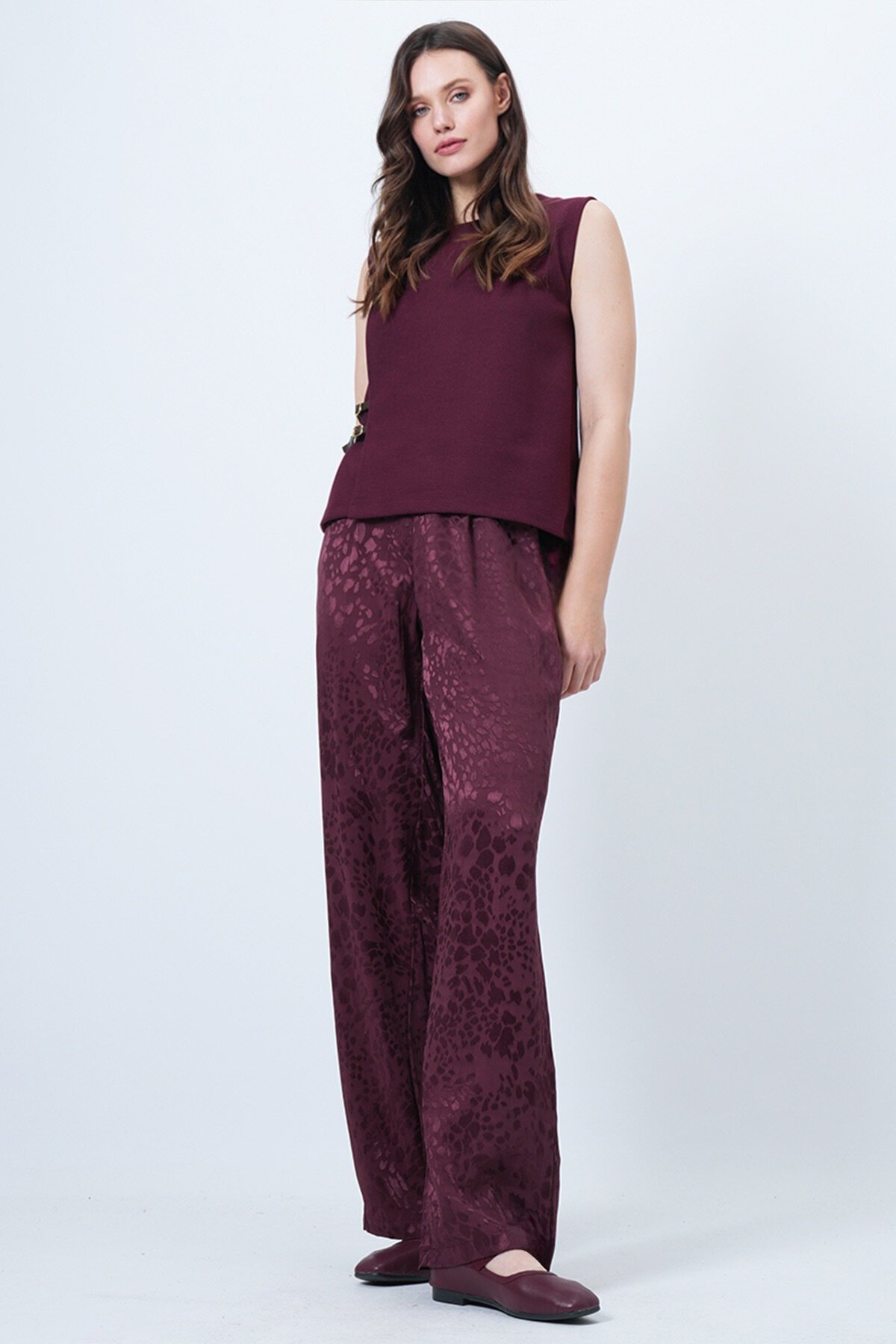 Desenli Fermuar Kapamalı Çift Cepli Palazzo Pantolon