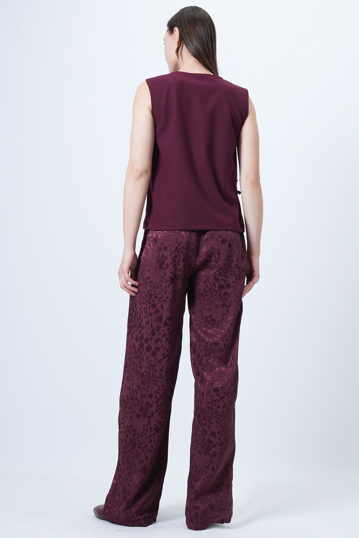 Desenli Fermuar Kapamalı Çift Cepli Palazzo Pantolon