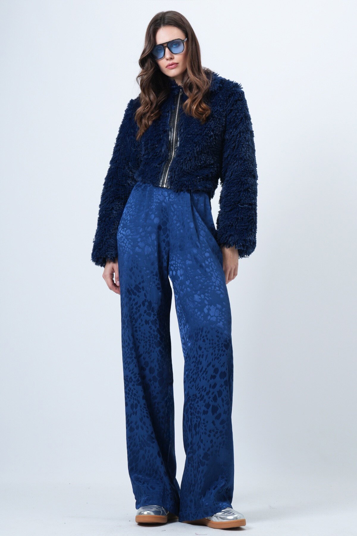 Desenli Fermuar Kapamalı Çift Cepli Palazzo Pantolon