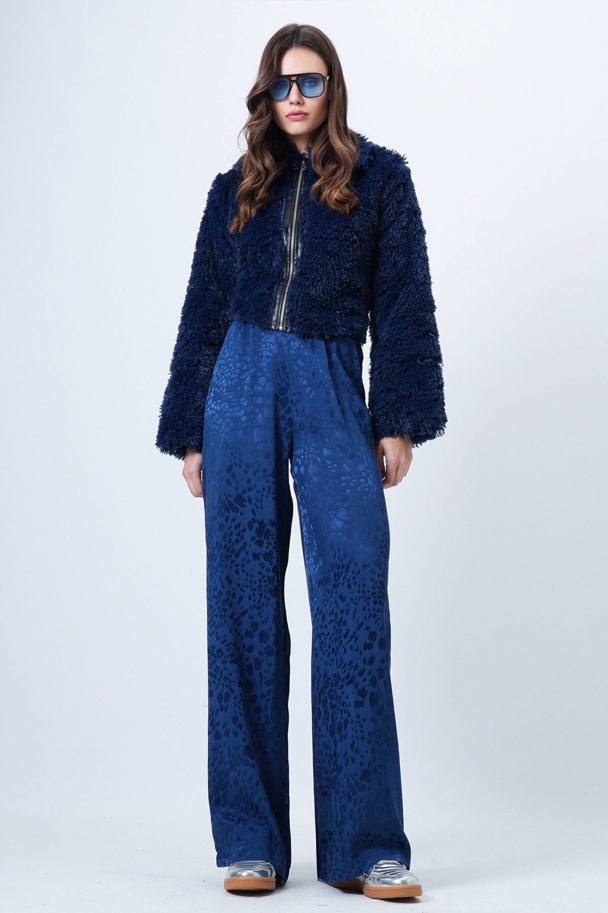 Desenli Fermuar Kapamalı Çift Cepli Palazzo Pantolon