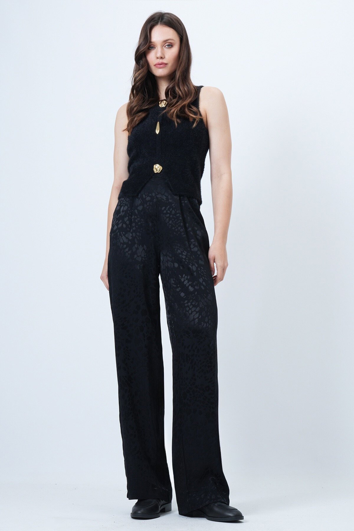 Desenli Fermuar Kapamalı Çift Cepli Palazzo Pantolon