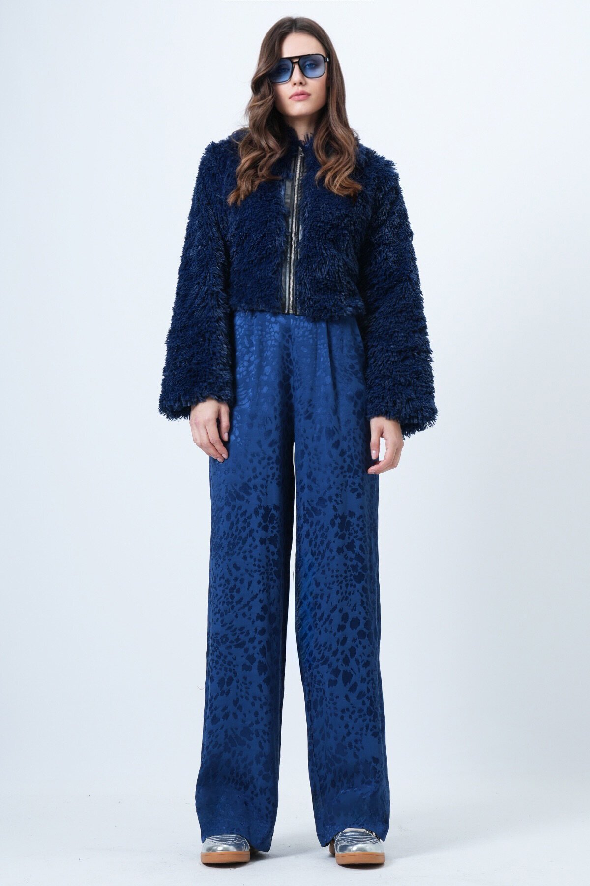 Desenli Fermuar Kapamalı Çift Cepli Palazzo Pantolon