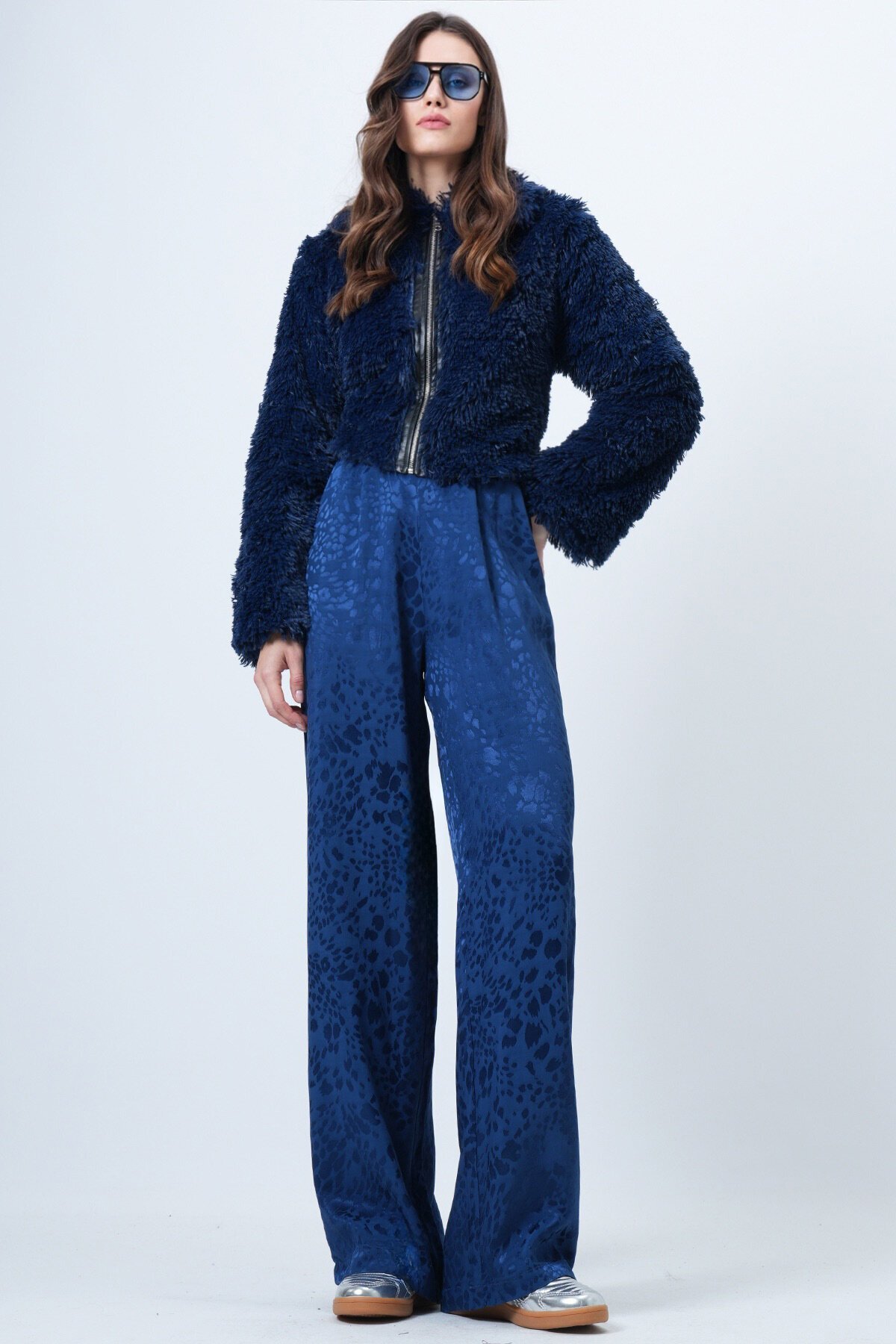 Desenli Fermuar Kapamalı Çift Cepli Palazzo Pantolon